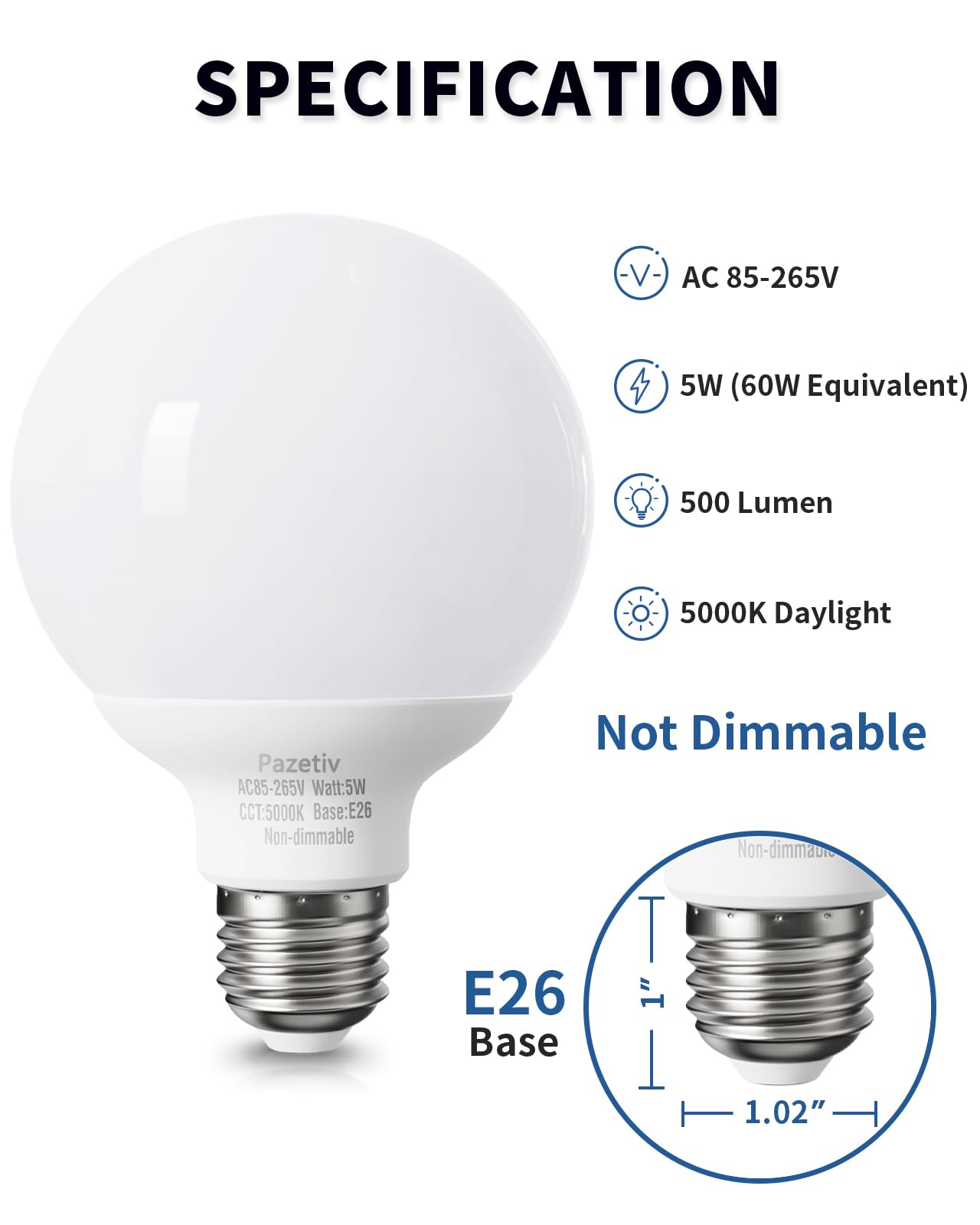 4 Pack Daylight LED Globe Light Bulbs - 5000K Bright White, 60W Equivalent, E26 Medium Base, Non-Dimmable G25 Vanity Bulbs for Bathroom Mirror Lighting, Vanity Makeup Area & Dressing Room