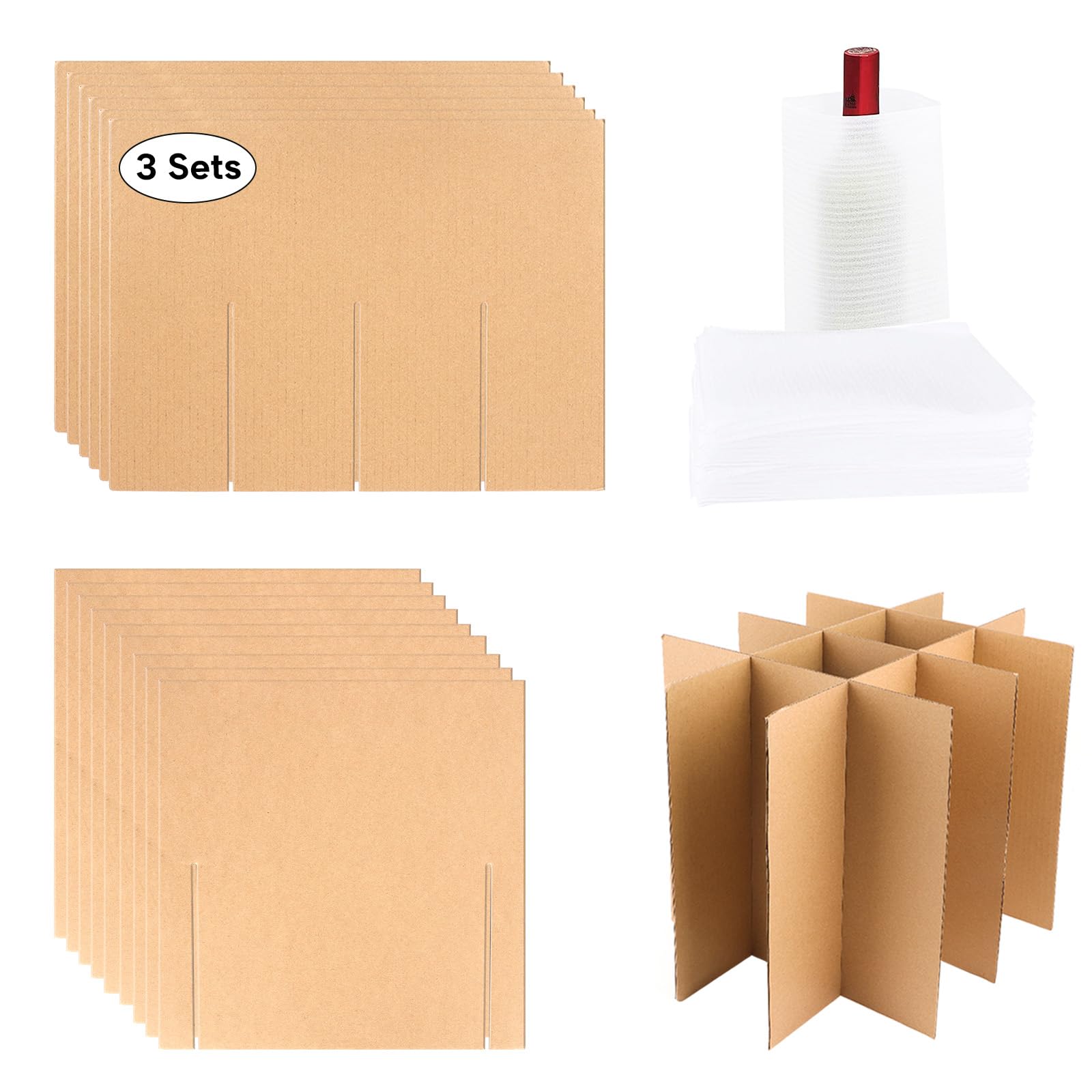 3-Piece Glass Divider Kit for Moving - Kitchen Packing Set with 48 Foam Pouch Protectors - Fits 16x12x12 Box (Box Not Included) - Perfect for Shipping Dishes, Glassware & Fragile Items Safely