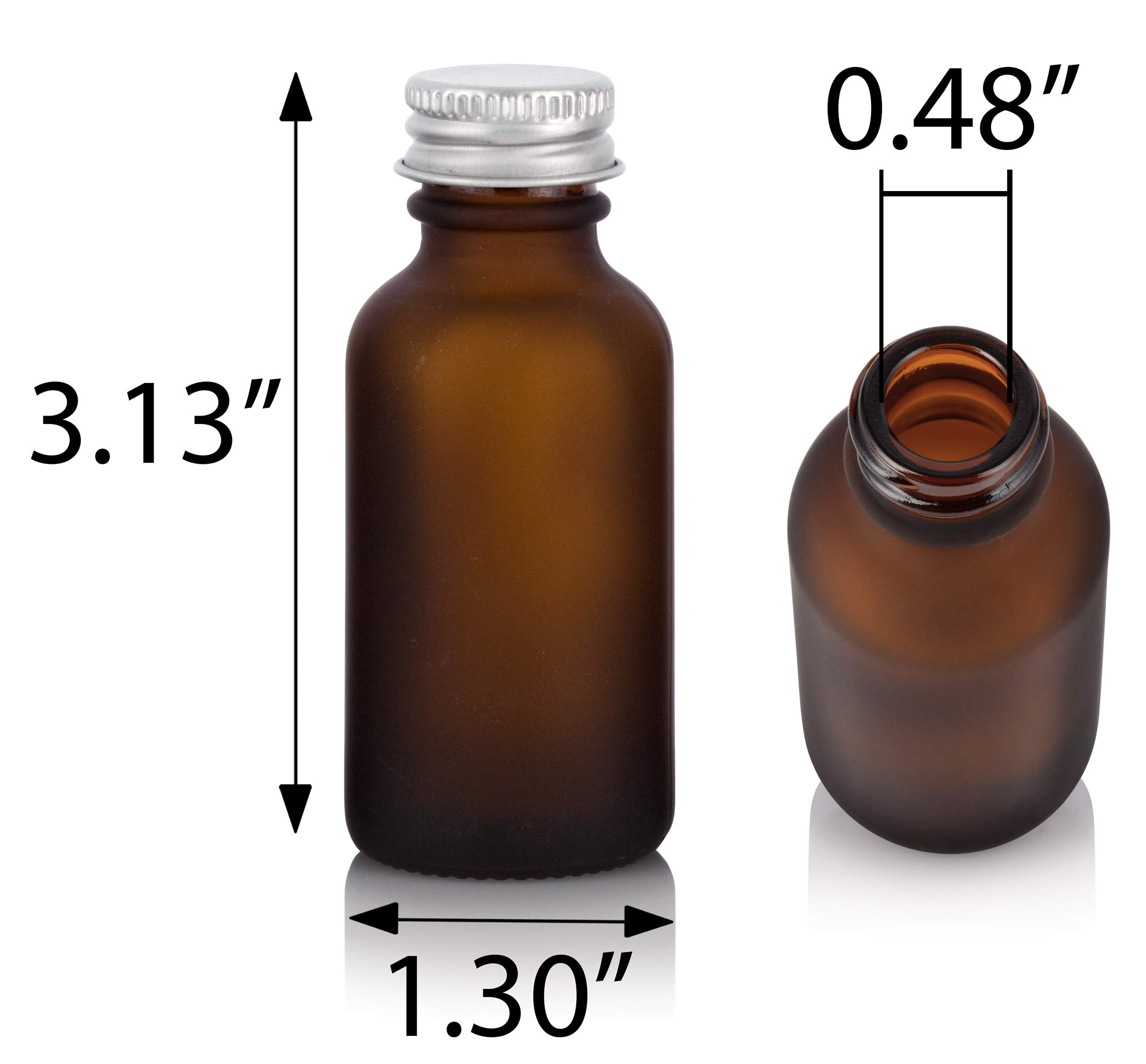 JUVITUS 1 oz Frosted Amber Glass Boston Round Bottles with Silver Metal Screw Caps (12-Pack) + Bonus Funnel - Essential Oil, Perfume & DIY Craft Storage Solution - Perfect for Aromatherapy, Travel & Home Organization