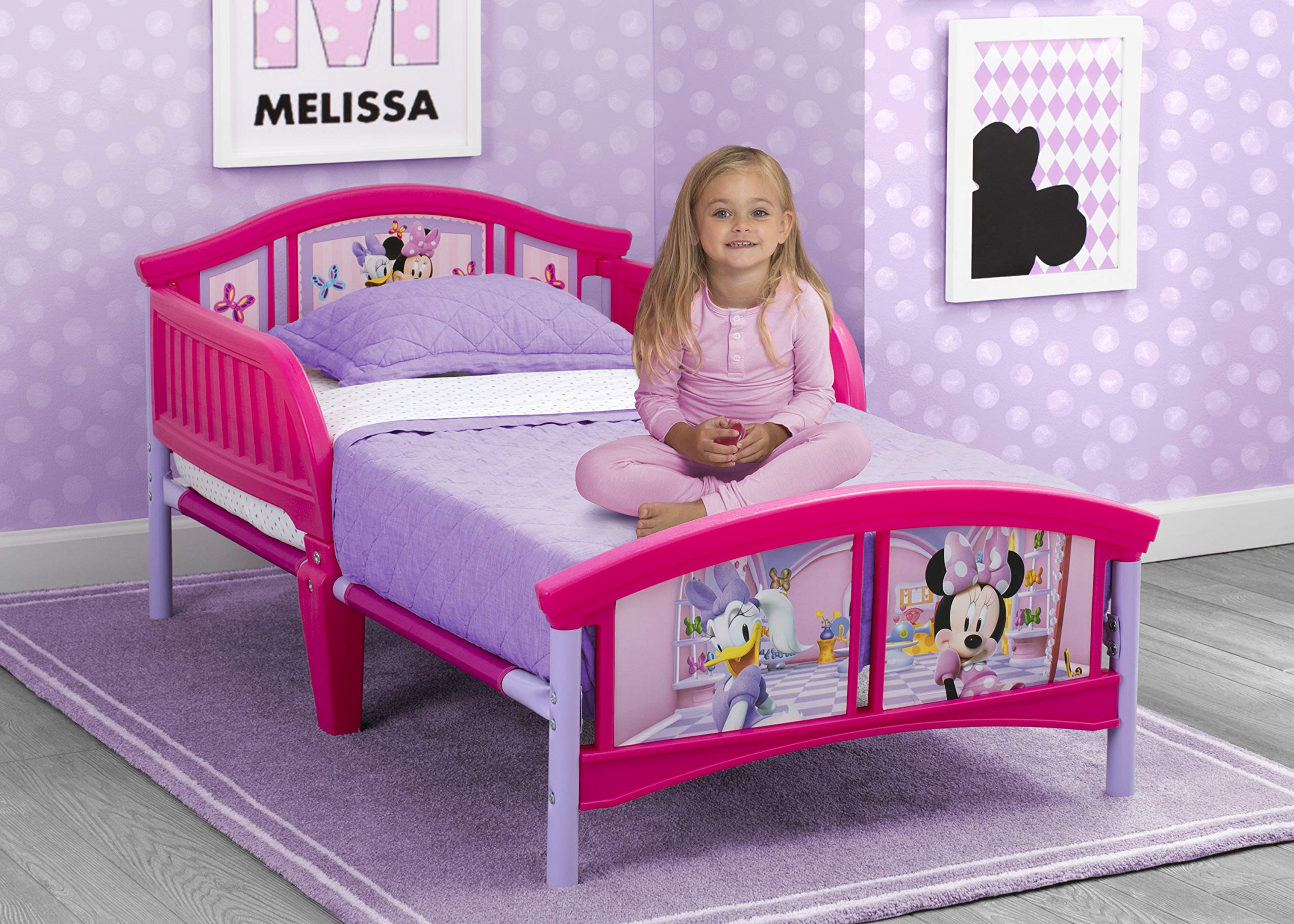 Delta Children Disney Minnie Mouse Twinkle Galaxy Toddler Bed with Dual-Sided Recycled Fiber Core Mattress - Safe Plastic Toddler Bed for Girls' Nursery, Daycare or Sleepovers