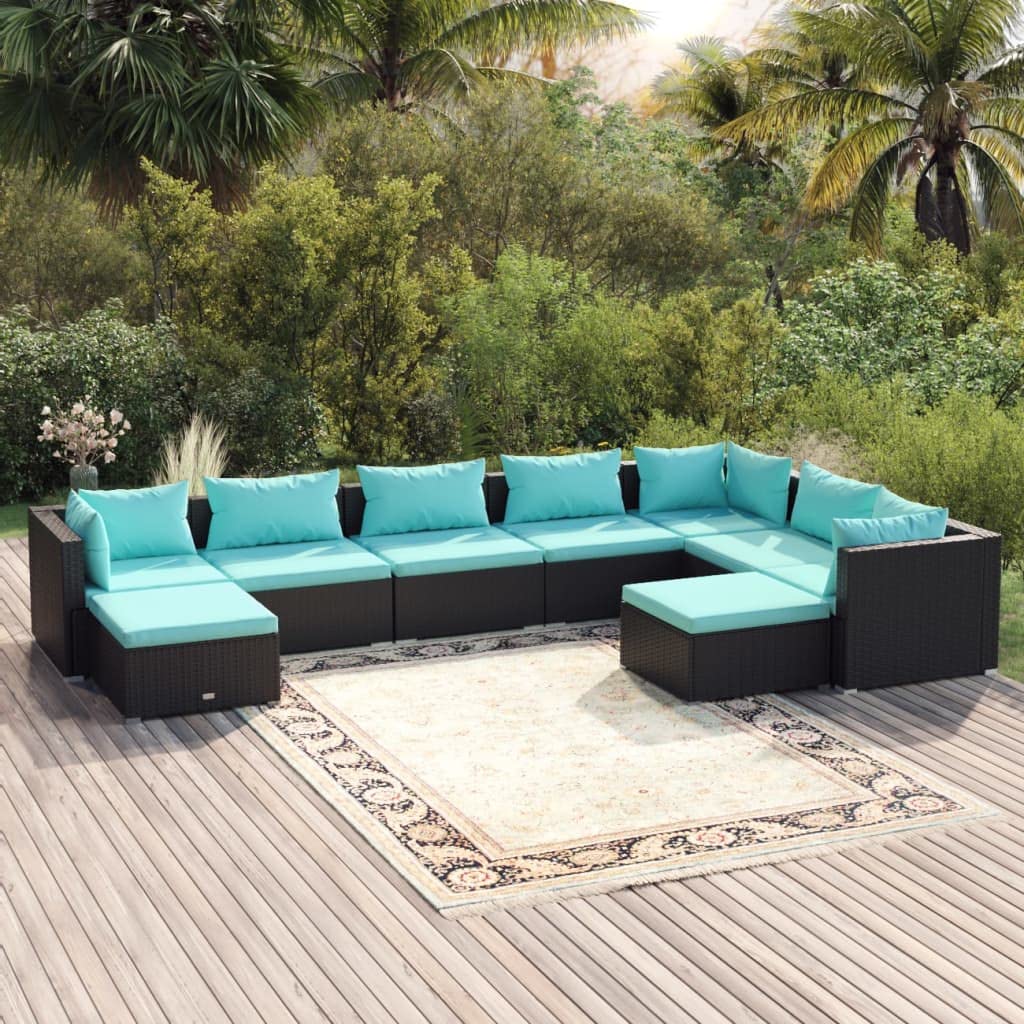 Premium 9-Piece Outdoor Patio Furniture Set - Black Poly Rattan Sectional Sofa with Water-Blue Cushions, Weather-Resistant Modular Lounge Set for Garden, Backyard, Poolside or Terrace Relaxation