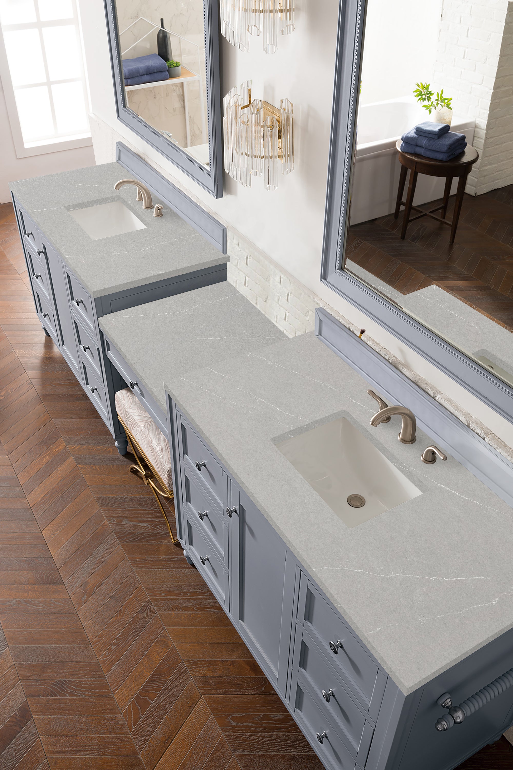 Copper Cove Encore 122 Double Vanity Set with Makeup Table - Silver Gray Finish & 3CM Eternal Serena Quartz Countertop | Modern Bathroom Vanity for Master Bath & Guest Bath Remodel