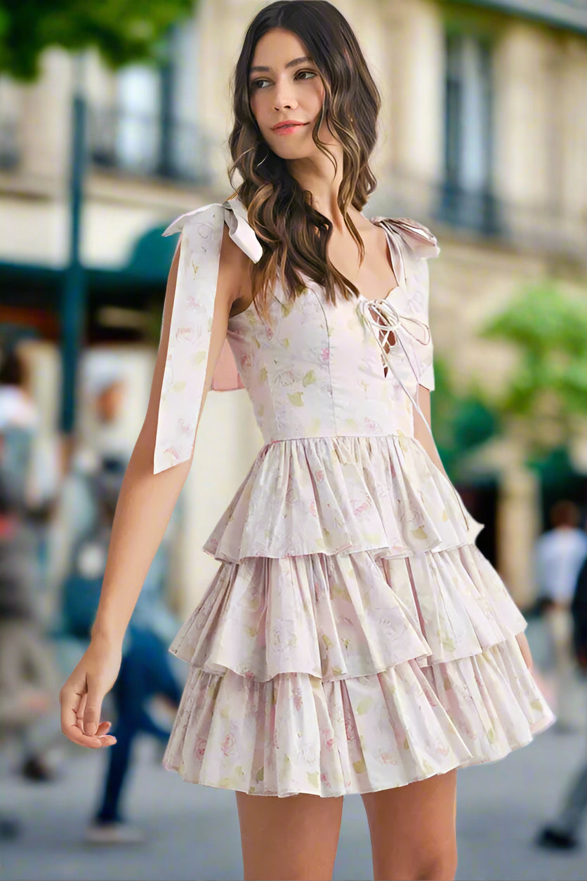 Floral Print Shoulder Tie Layered Mini Dress - Summer Casual & Party Outfit for Women | Beach Wedding, Date Night, Vacation Wear