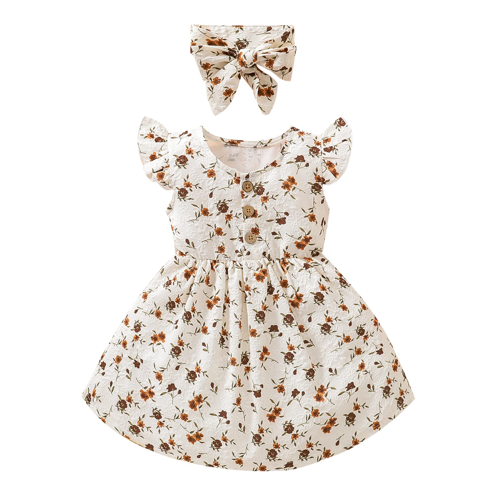 Newborn Baby Girl Short Sleeve Princess Dress - Floral Print Summer Dress with Bow Headband Set for Photoshoot, Birthday Party & Special Occasions