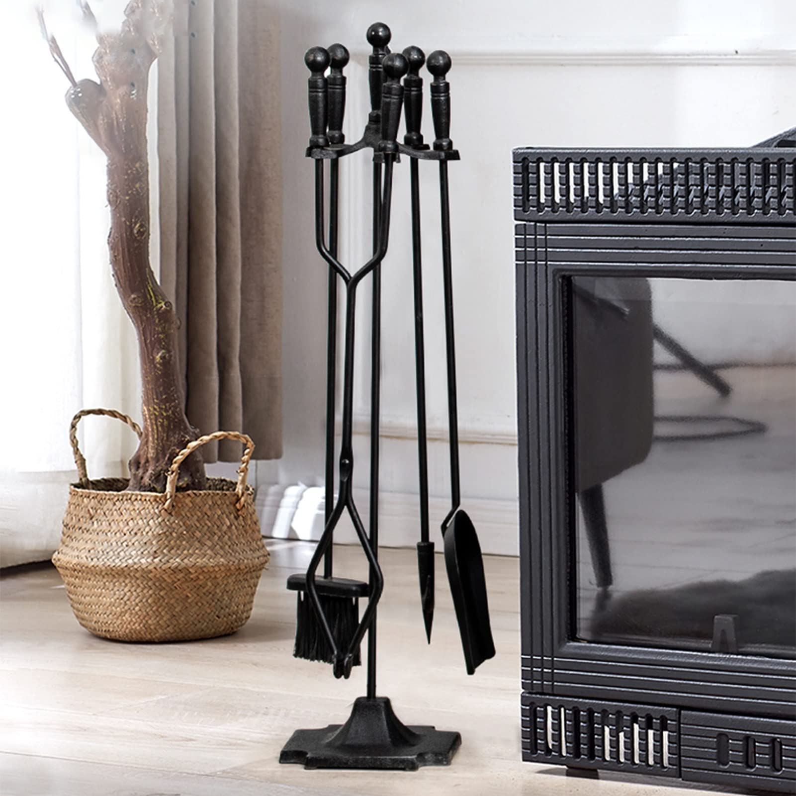 MTSON 5-Piece Black Cast Iron Fireplace Tool Set - Heavy Duty Indoor Fire Pit Accessories, Modern Fireplace Tools with Stand for Fireplace Maintenance & Decor (Perfect for Living Room, Patio, or Outdoor Fireplace)
