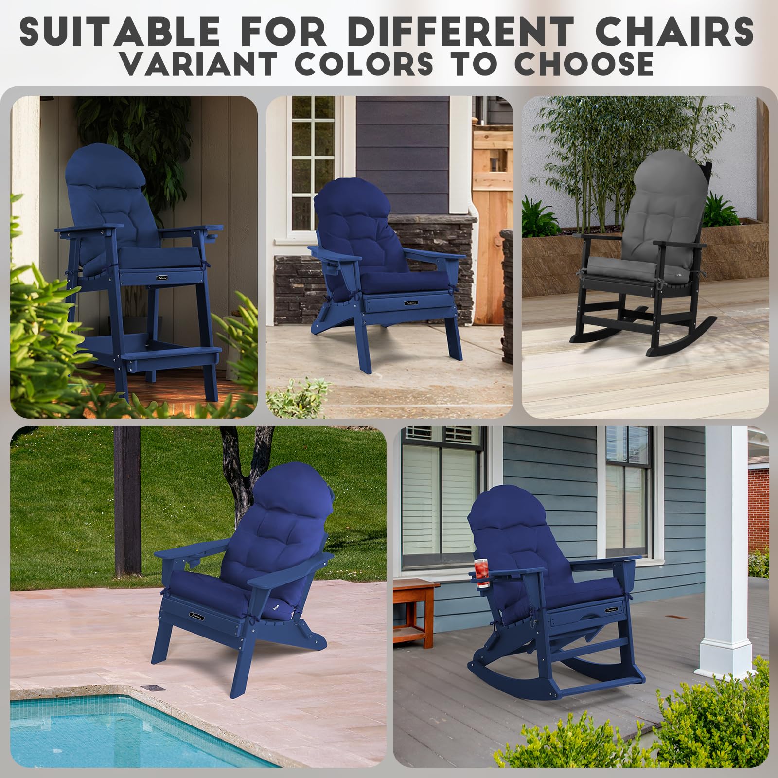 FUNBERRY 4-Piece Patio Chair Cushion Set - Thickened Comfortable Non-Slip Waterproof Outdoor Cushions with Ties for Rocking Chairs, High Back Support & Fade Resistant - Perfect for Porch, Deck, Garden & Poolside Relaxation