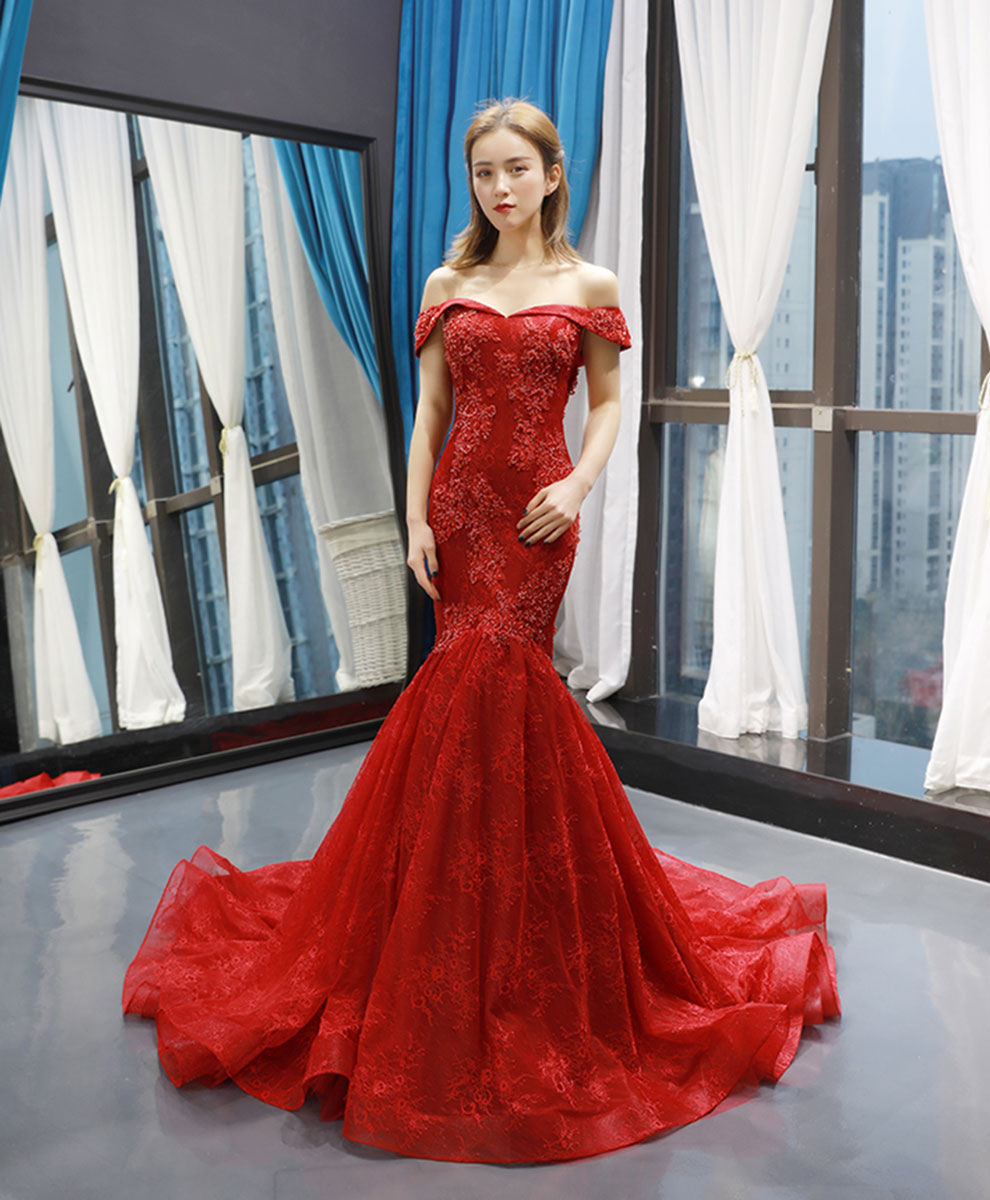 Elegant Burgundy Off Shoulder Tulle Lace Mermaid Long Prom Dress for Women - Formal Evening Gown for Homecoming, Wedding, Party & Special Occasions