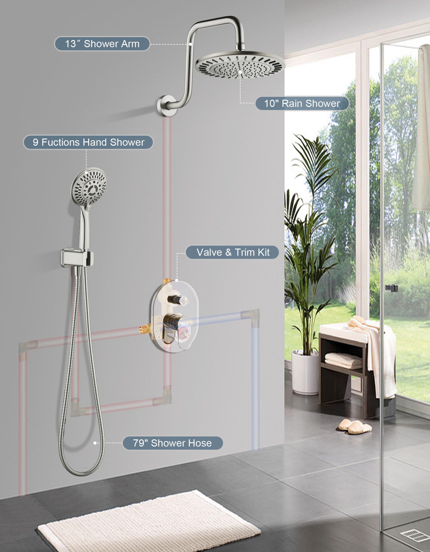 BRIGHT SHOWERS Brushed Nickel Shower Faucet Set - Double Handle Shower System with Rainfall Shower Head & 9-Setting Handheld Spray Combo, Includes Shower Valve Trim Kit | Perfect for Bathroom Remodeling & Spa-Like Shower Experience