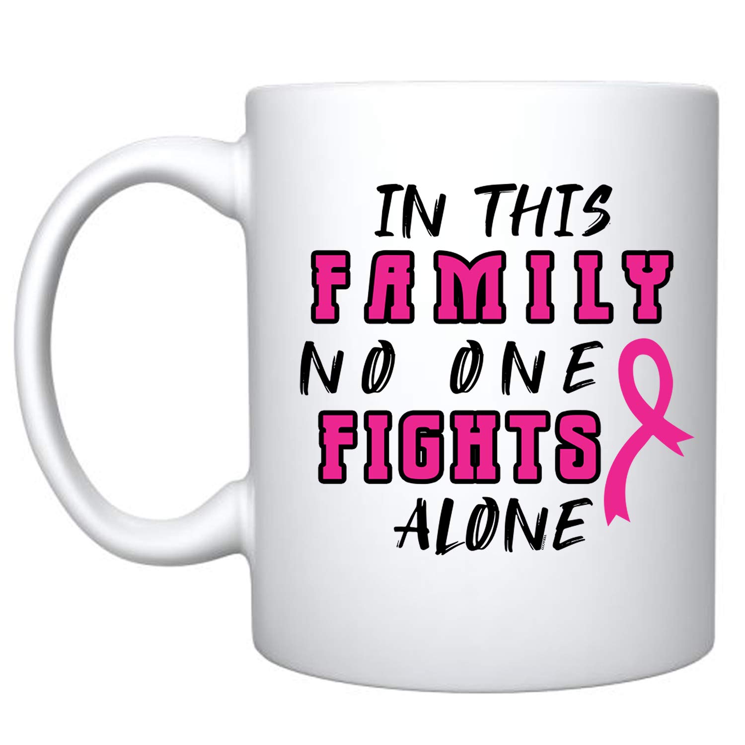 Veracco 'In This Family No One Fights Alone' Pink Ribbon Ceramic Coffee Mug - Motivational Inspirational Gift for Breast Cancer Survivors - White Ceramic Cup for Office, Home & Support Groups