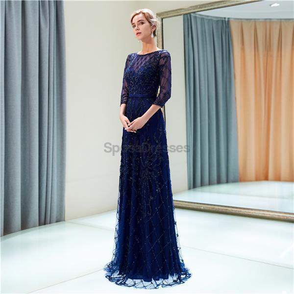 Elegant Navy Long Sleeve Lace Beaded Prom Dress for Evening Party & Formal Events - Perfect for Homecoming, Ball Gowns & Special Occasions - Style 12052