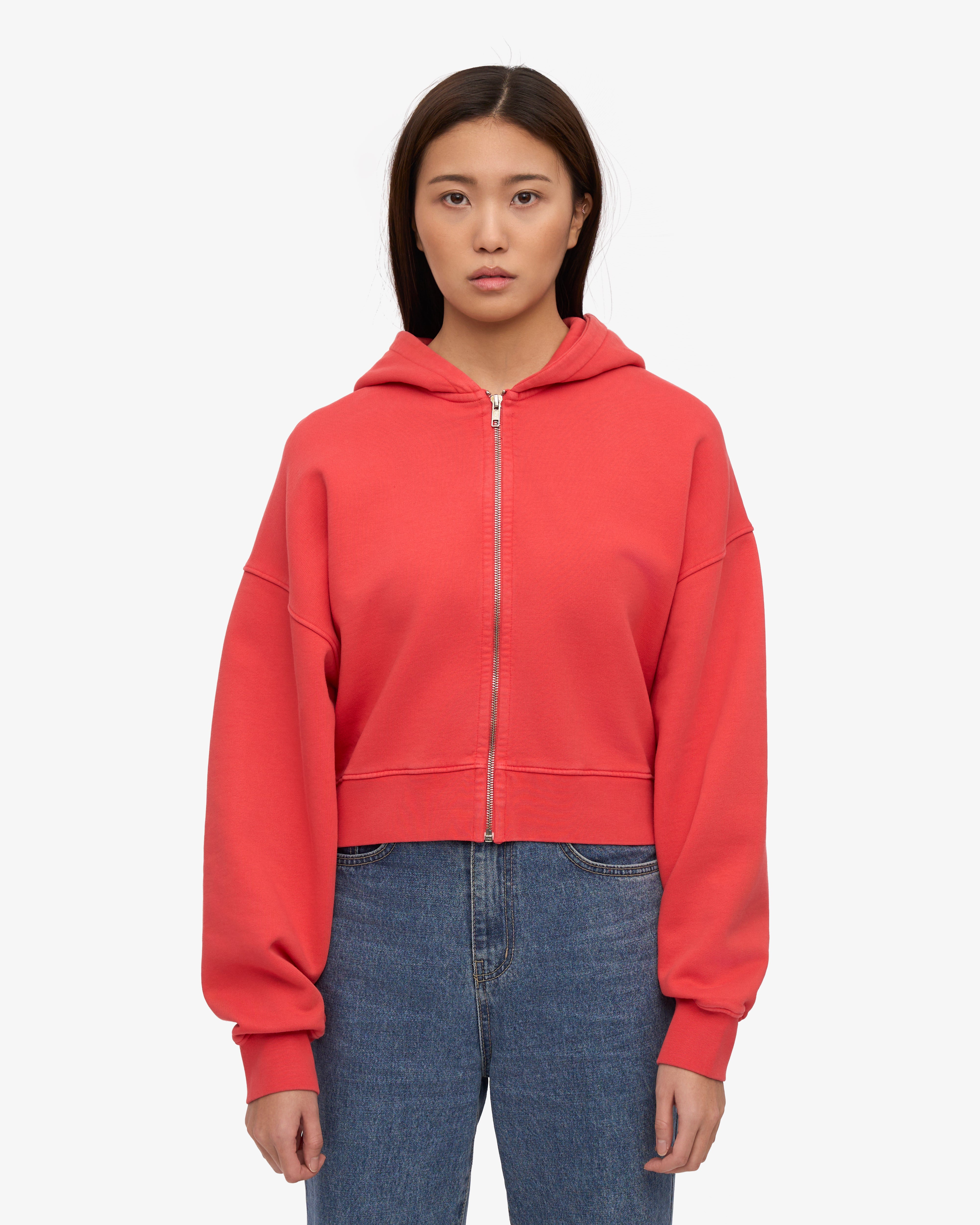 Organic Crop Zip Hoodie - Red Tangerine Color | Women's Casual Pullover for Streetwear & Loungewear | Perfect for Gym, Yoga & Everyday Wear
