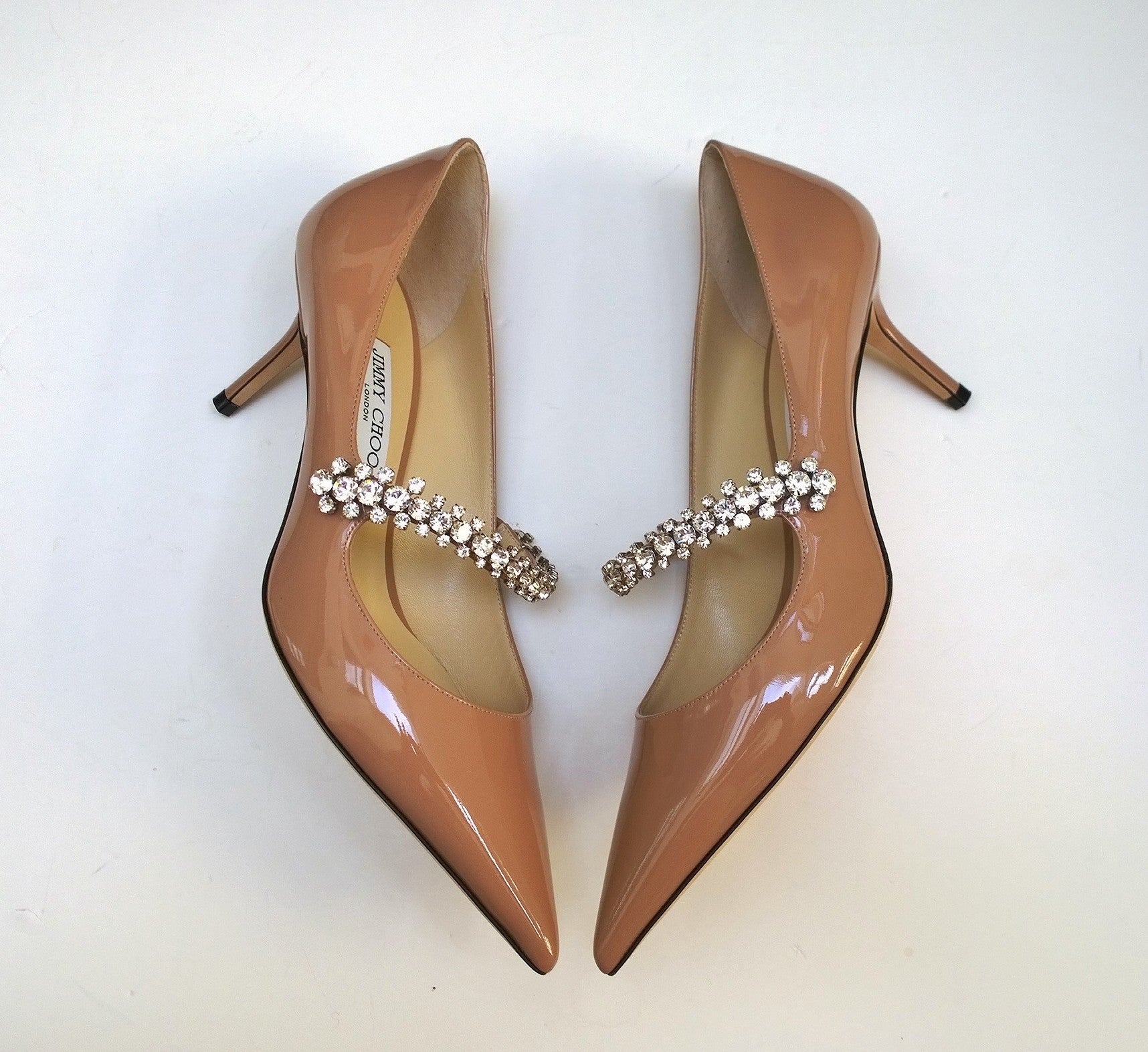 Jimmy Choo Bing 65mm Nude Patent Leather Rhinestone Strap Heels - Women's Luxury High Heel Pumps for Parties, Weddings & Evening Events (New in Box)