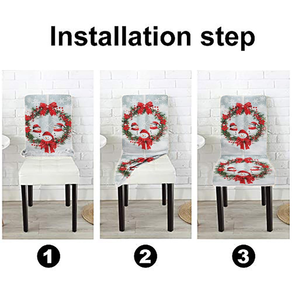 EMMTEEY Stretchy Christmas Dining Chair Covers Set of 2 - Washable Winter Wonderland Snowmen & Wreath Design Chair Protectors for Holiday Parties, Family Gatherings & Festive Home Decor