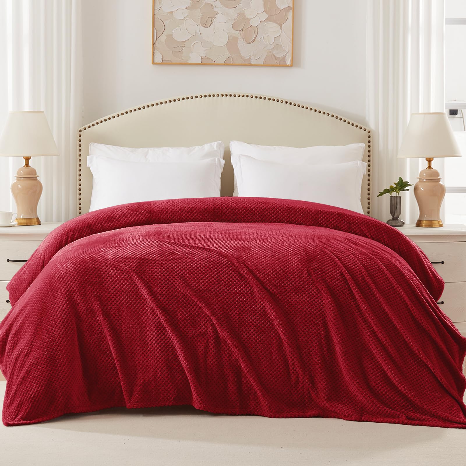 Premium Fleece Blend Queen Size Bed Blanket - Ultra Soft & Warm Waffle Textured Blanket for Couch, Sofa & Bed - Cozy, Lightweight & Fuzzy Throw (90x90 Inches, Deep Red) - Perfect for Winter Nights, Movie Time & Home Decor
