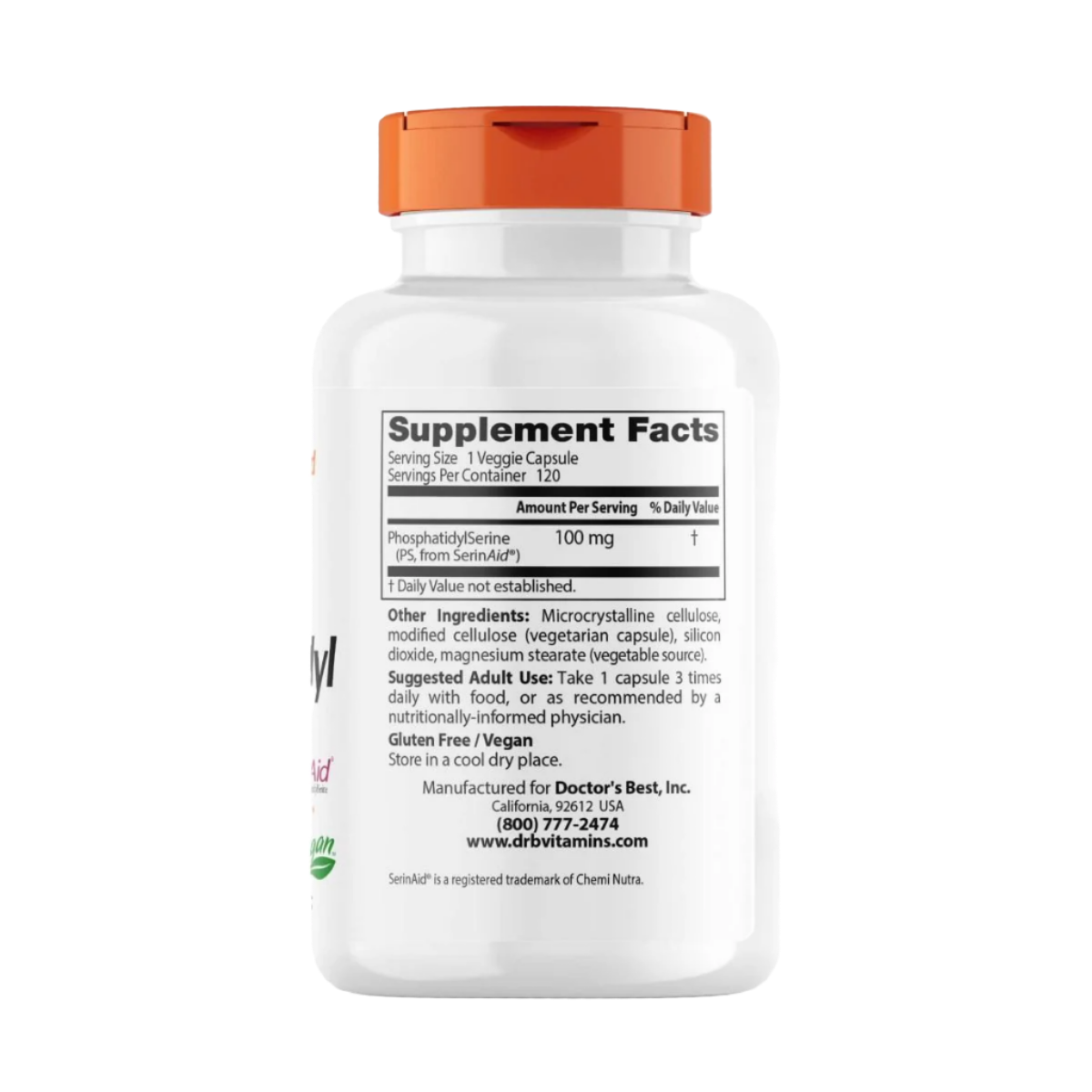 Doctor's Best Phosphatidylserine with SerinAid 100mg - 120 Vegetarian Capsules for Memory Support & Cognitive Function - Ideal for Students, Professionals & Seniors