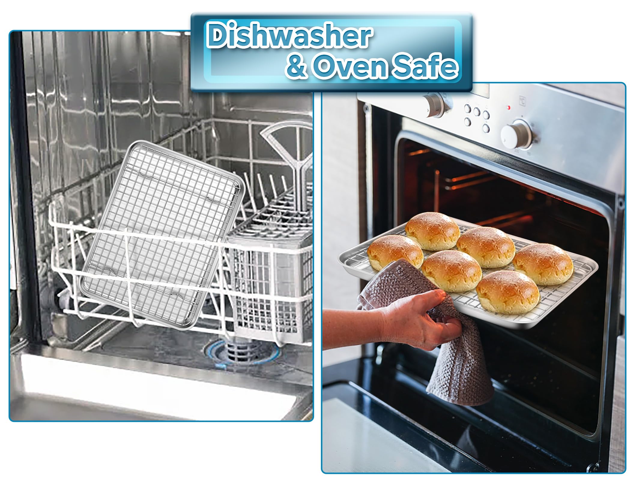 Stainless Steel Baking Pan Set with Rack - 12.5x10 Inch Toaster Oven Baking Tray & Cooling Rack for Roasting, Baking, Cookies, Pizza - Heavy Duty & Dishwasher Safe (2-Piece Set) - Perfect for Home Baking, Meal Prep & Holiday Cooking