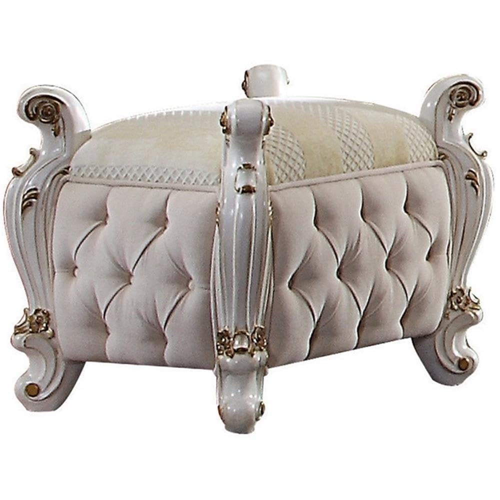 Acme Picardy Fabric & Antique Pearl Vanity Stool - Elegant Makeup Seat for Bedroom Dressing Table & Boudoir Decor