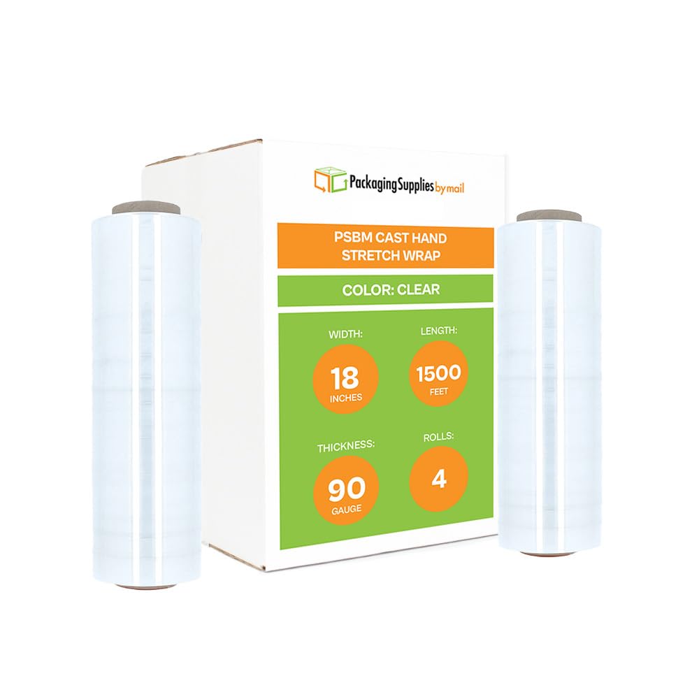 PSBM Stretch Wrap 4 Pack - 18 Inch x 1000 Feet, 120 Gauge Clear Plastic Cling Film for Moving, Packing & Pallet Wrapping - Heavy Duty Cast Hand Stretch Film Rolls for Shipping, Storage & Industrial Use