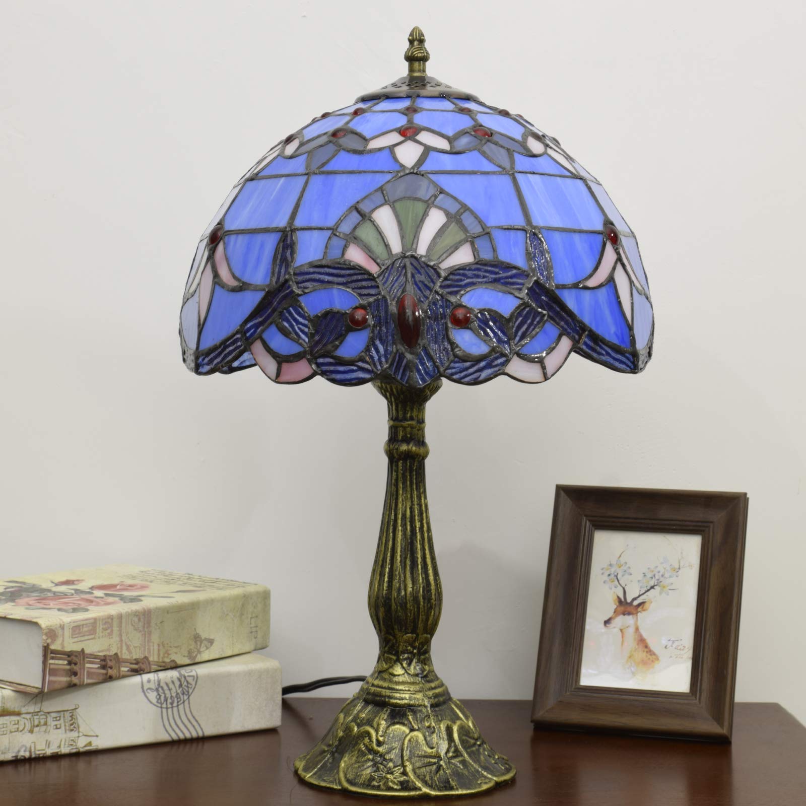 Tiffany Style Stained Glass Table Lamp - Blue Baroque Design for Bedroom, Living Room, Office & Dorm | Includes Light Bulb | Perfect for Reading, Decor & Gift Giving (12x12x18 Inches)