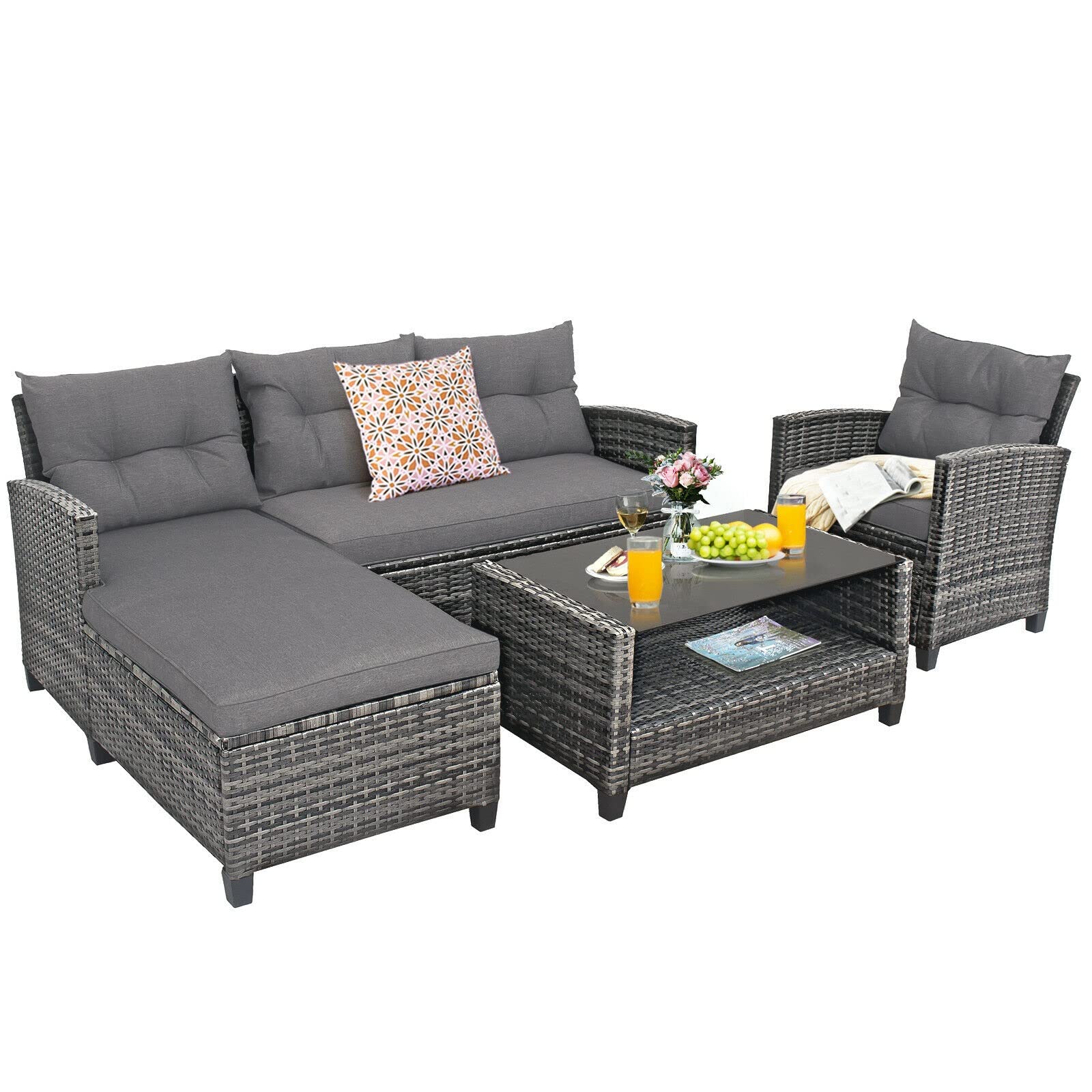 SLNFXC 4-Piece Patio Rattan Furniture Set with Cushions - Gray Wicker Loveseat, Coffee Table & Shelf - Outdoor Lounge Seating for Garden, Balcony or Poolside