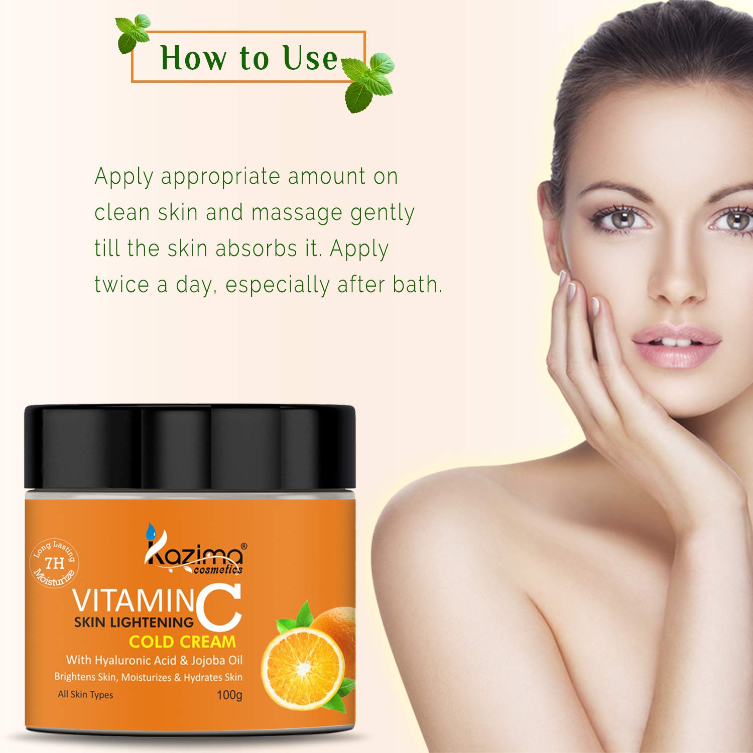 KAZIMA Vitamin C Skin Brightening Cold Cream (100g) with Hyaluronic Acid & Jojoba Oil - Dark Spot Corrector, Moisturizing Face Cream for Glowing Skin - Day & Night Use for Dry, Dull & Uneven Skin Tone