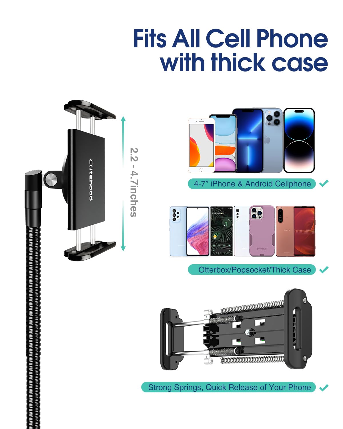 Elitehood 203cm Tall Heavy Duty Metal Tripod Stand with 360° Rotating Phone Holder - Adjustable Gooseneck Overhead Tripod for iPhone 16/15/14/13/12 Pro Max & All Smartphones - Perfect for Video Filming, Live Streaming, Photography & Content Creation