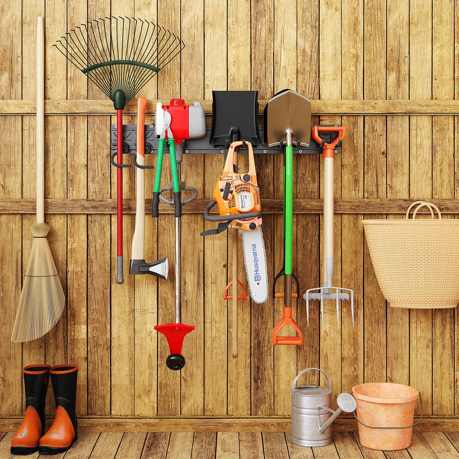 Godboat Garage Storage Wall Mount - 6 Hooks Heavy Duty Tool Organizer (32 Inch) for Yard Tools, Water Hose & Garden Equipment - 550lbs Max Load - Perfect for Garage Organization & Father's Day Gifts - Ideal for DIY Projects, Home Improvement & Outdoor Storage Solutions