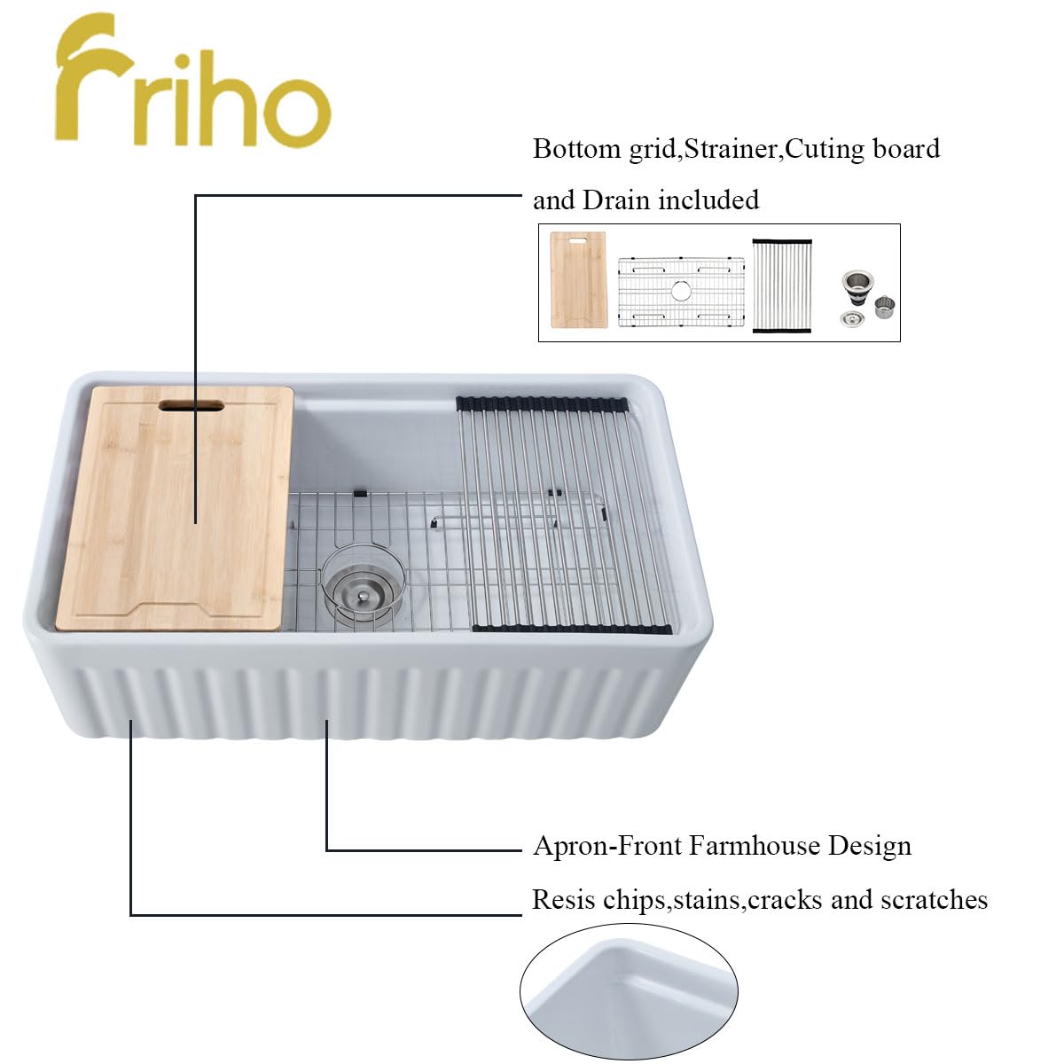 Friho 33x18 Inch Modern Single Bowl Drop-In Farmhouse Kitchen Sink - White Apron Front Undermount Fireclay Ceramic Porcelain Sink with Cutting Board | Perfect for Rustic Kitchens, Remodeling & Country Style Homes