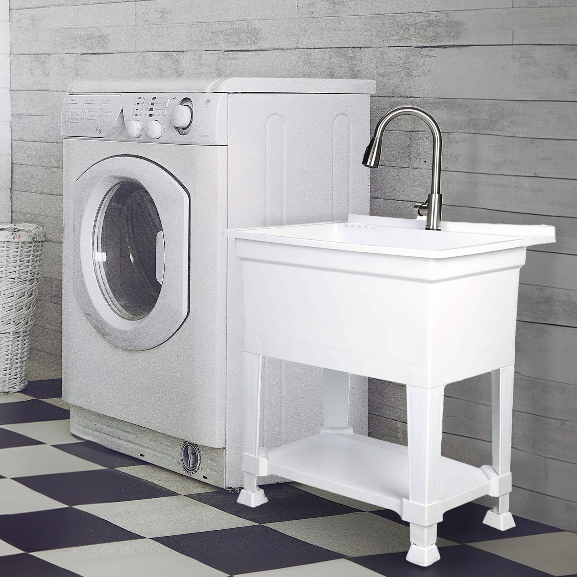 30 x 24 Inch White Freestanding Utility Sink for Laundry Room, Garage & Workshop - Heavy Duty Stainless Steel Basin for Washing, Cleaning & DIY Projects