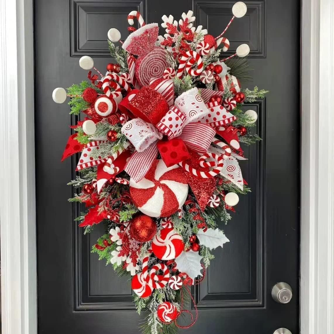2023 Christmas Candy Cane Wreath - Red & White Teardrop Holiday Door Decor with Candy Ornaments for Stairway, Indoor Home Decoration | Perfect for Front Door, Fireplace & Holiday Party Decorating