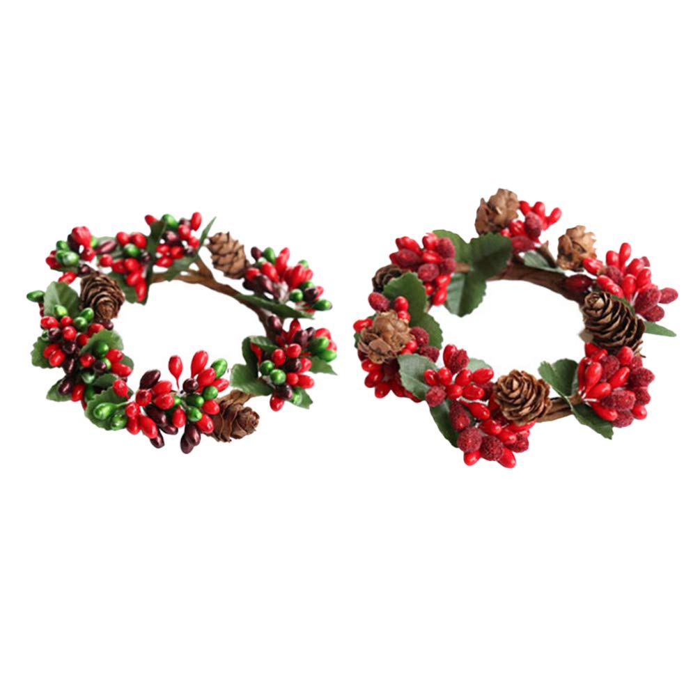 STOBOK 2-Pack Christmas Candle Rings with Red Berries - 6 Inch Wreaths for Pillar Candles, Holiday Table Decorations, and Festive Centerpieces - Perfect for Christmas, Winter Weddings, and Seasonal Home Decor