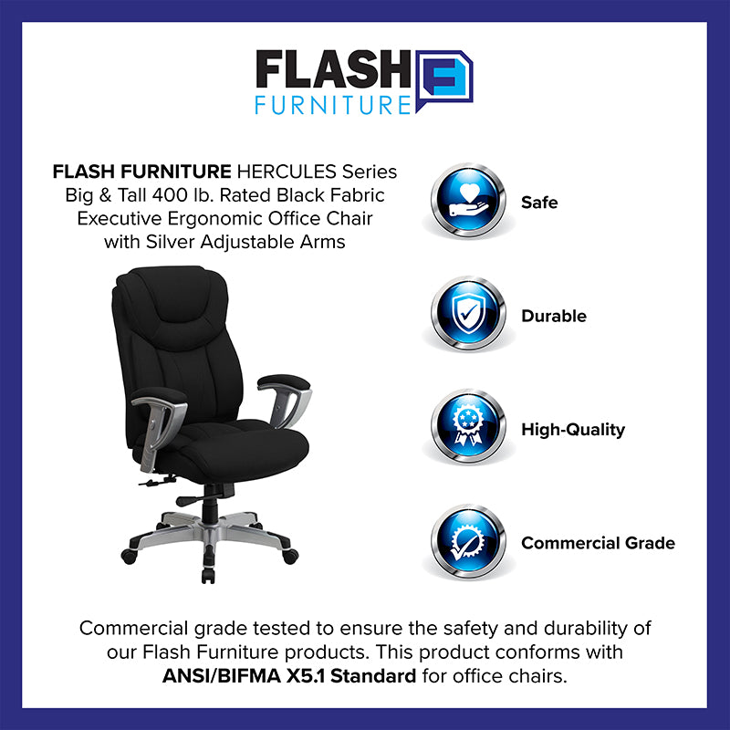 HERCULES Series Big & Tall 400 lb. Capacity Black LeatherSoft Executive Ergonomic Office Chair with Silver Adjustable Arms - Perfect for Home Office, Gaming & Professional Workspaces