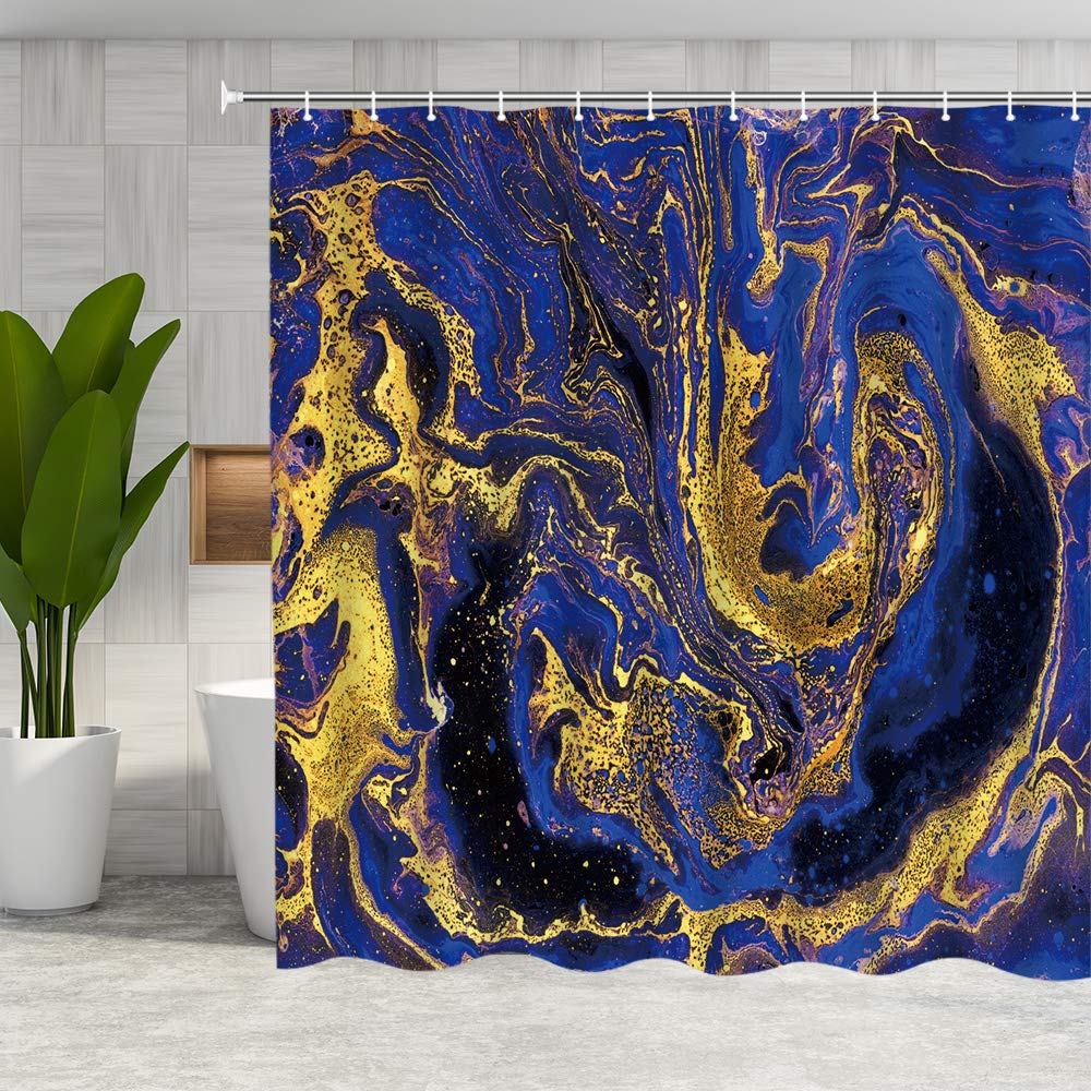 DMTTY Blue Marble Shower Curtain with Golden Texture - Waterproof Polyester Bathroom Curtain with Hooks for Elegant Bathroom Decor