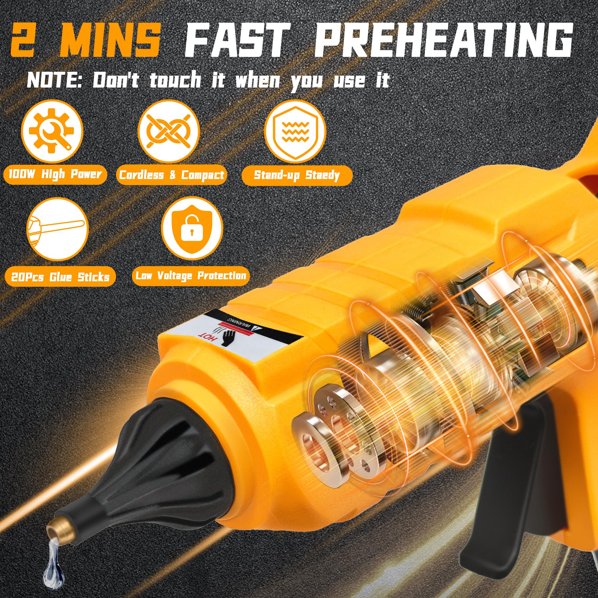 **20V Cordless Hot Glue Gun for Dewalt Battery - 100W Fast Heating Mini Glue Gun Kit with 20 Glue Sticks - Perfect for DIY Crafts, Home Repairs & Quick Fixes (Battery Not Included)**    *(Use Cases: Ideal for crafting, woodworking, home repairs, holiday decorations, school projects, and quick fixes on the go.)*