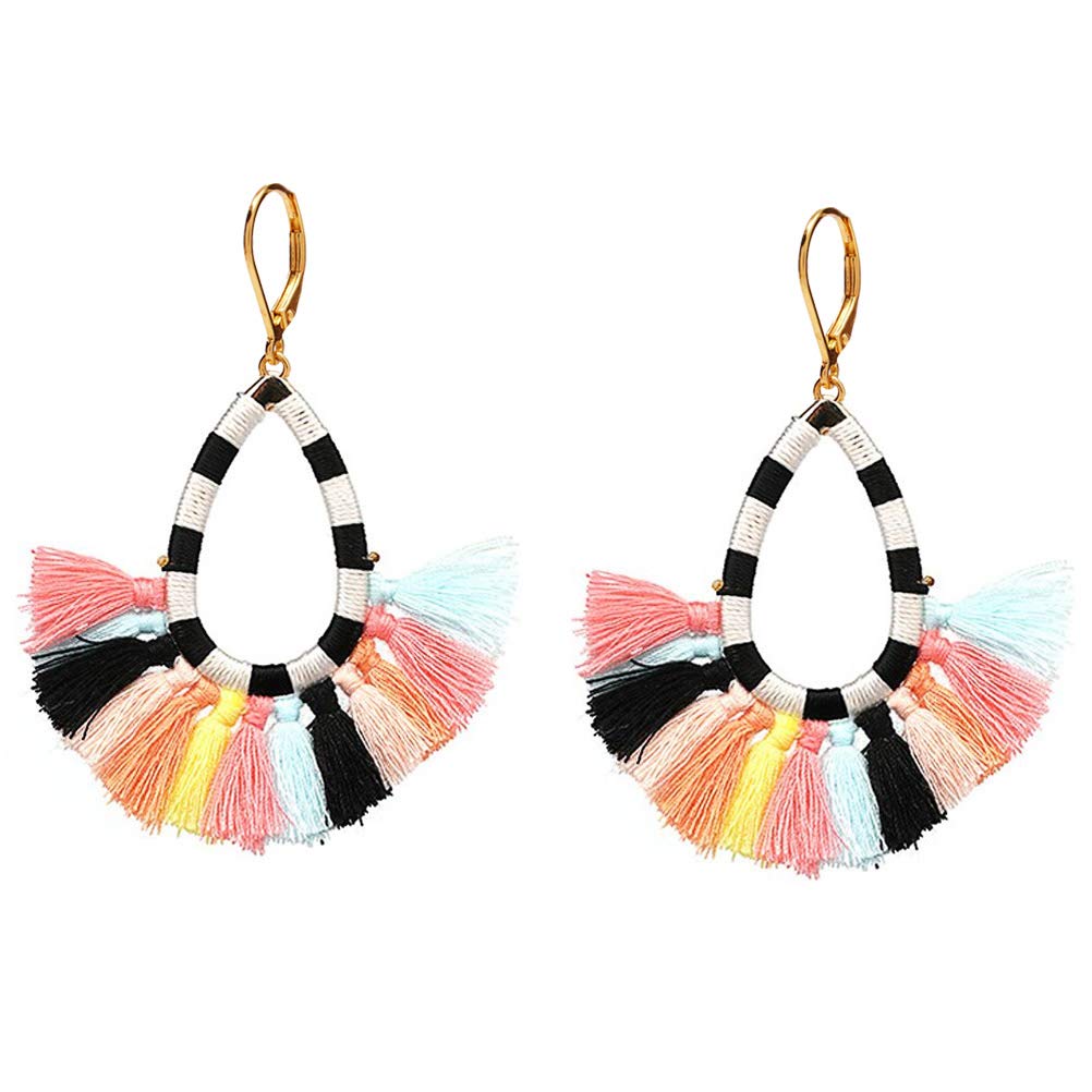 Hypoallergenic Gold Leverback Earrings for Women & Girls - Hollow Teardrop Fan Braid Wrapped Dangle Earrings with Colorful Layered Bouquet & Tassel Design | Perfect for Parties, Weddings & Everyday Fashion Jewelry