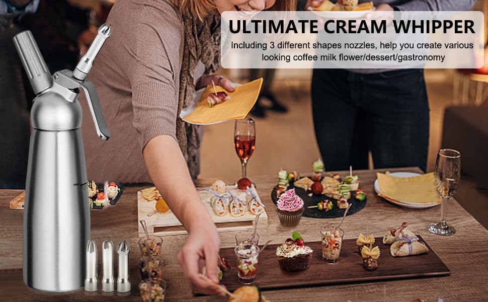 Premium 500mL (1 Pint) Aluminum Whipped Cream Dispenser - Professional Dessert Cream Maker with 3 Decorating Nozzles for Cakes, Coffee & Cocktails | Gourmet Whipped Cream Charger for Home & Commercial Use