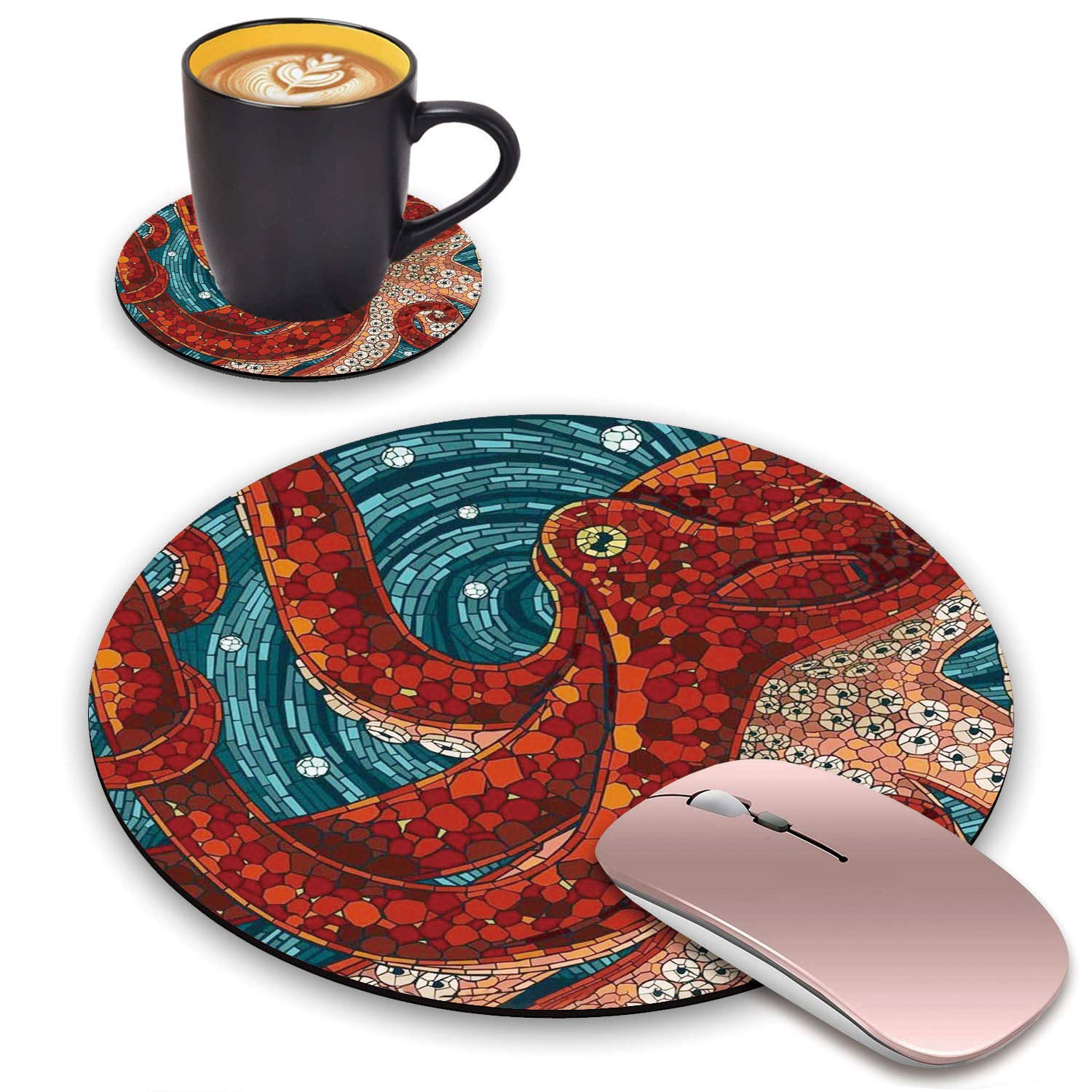 Red Octopus Round Mouse Pad with Coasters Set - Non-Slip Rubber Base Computer Mouse Pad for Laptop, PC, Home & Office Use - Perfect for Gaming, Work and Desk Accessories