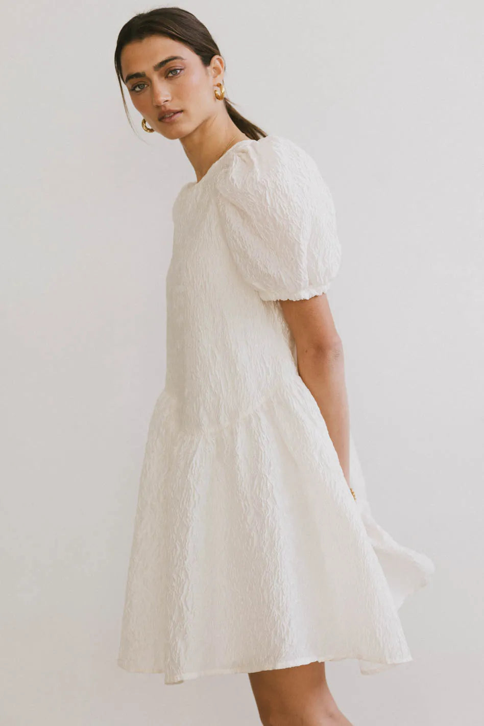 Maison Textured Mini Dress in White - Women's Elegant Party Cocktail Dress for Evening Events & Special Occasions | FINAL SALE