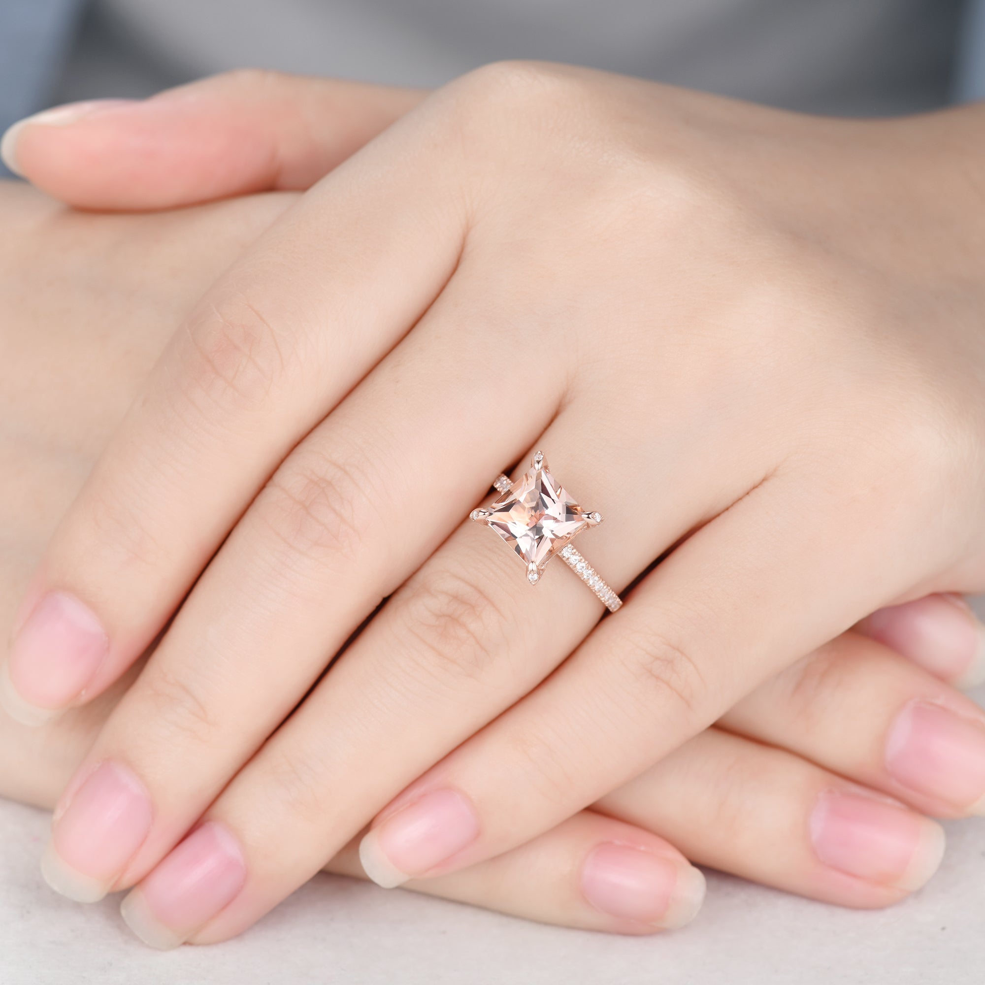 Unique Hidden Halo Princess Cut Morganite Diamond Engagement Ring in Rose Gold Basket Setting - Perfect for Proposals, Anniversaries & Romantic Occasions