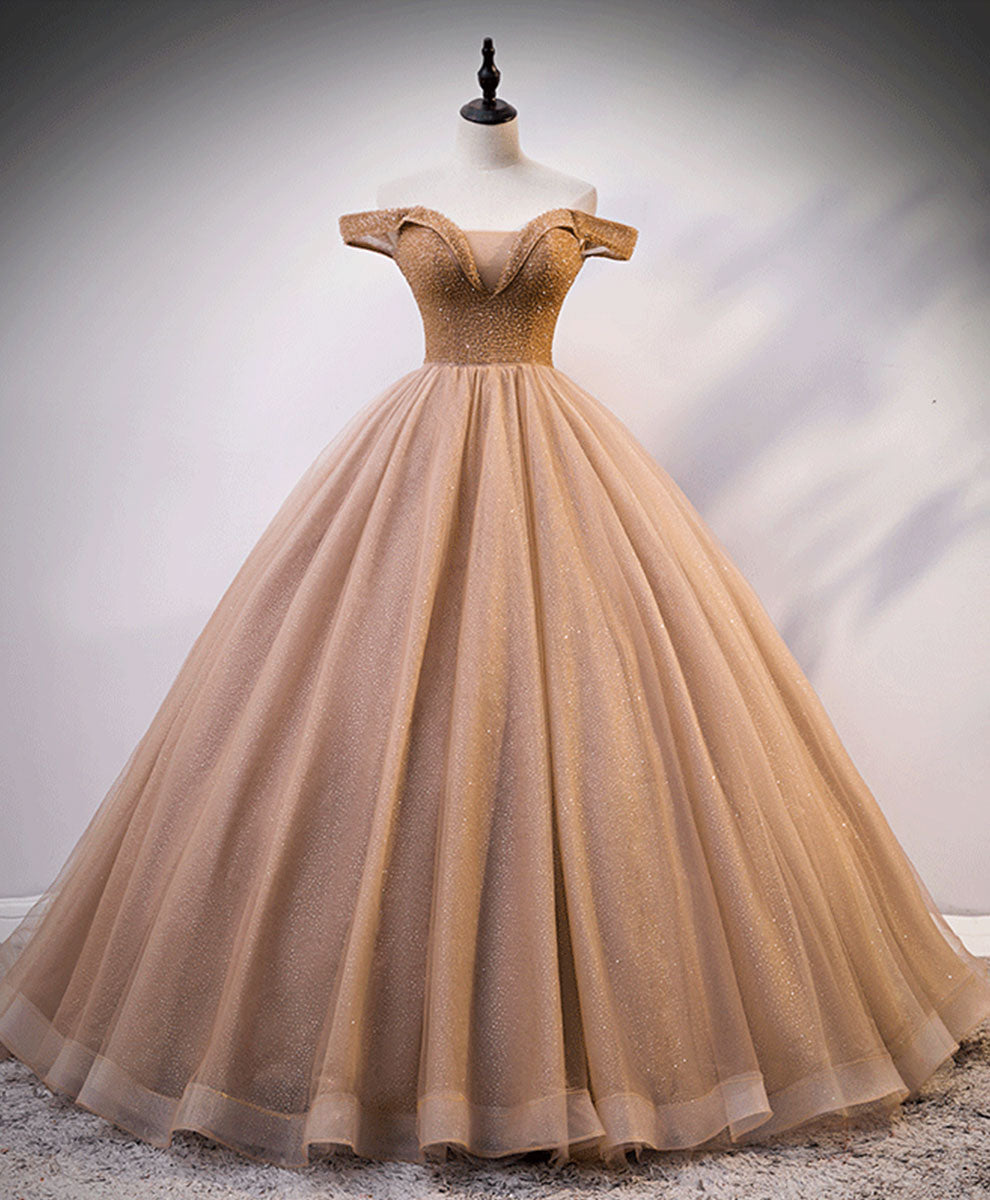 Elegant Champagne Sweetheart Off Shoulder Tulle Sequin Long Prom Dress for Women - Perfect for Formal Dances, Evening Galas & Special Occasions