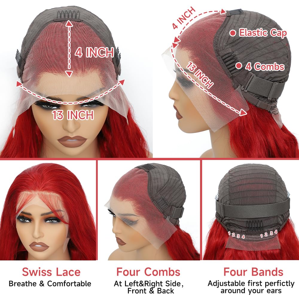 13x4 HD Lace Front Wig Human Hair - 30 Inch Red Body Wave Pre Plucked Glueless Wig 180% Density | Perfect for Cosplay, Halloween, Daily Wear & Special Occasions