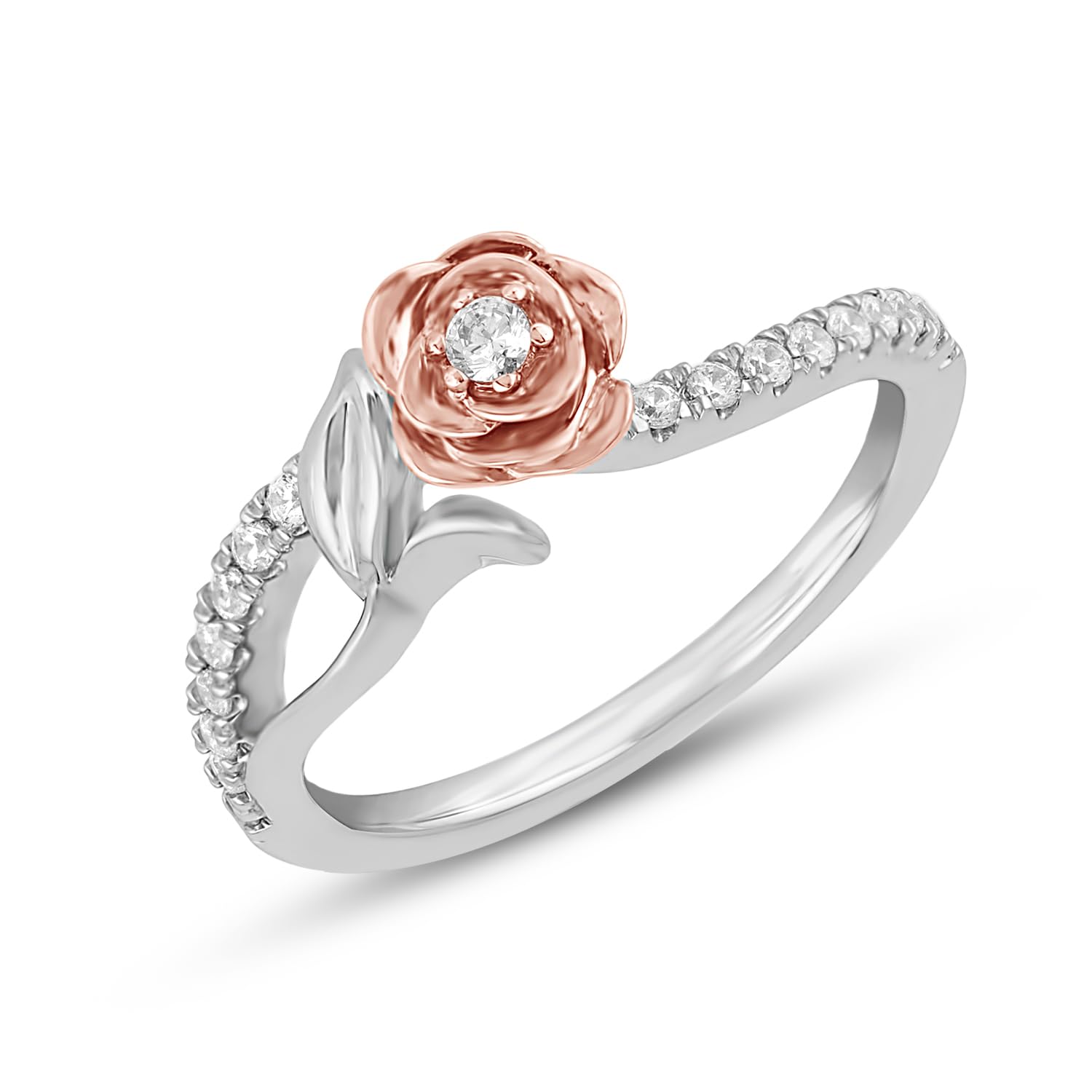 Enchanted Disney Belle Rose Ring - Sterling Silver & 10K Rose Gold with 1/5 CTTW Diamond - Elegant Jewelry for Women - Perfect Gift for Disney Fans, Birthdays & Anniversaries