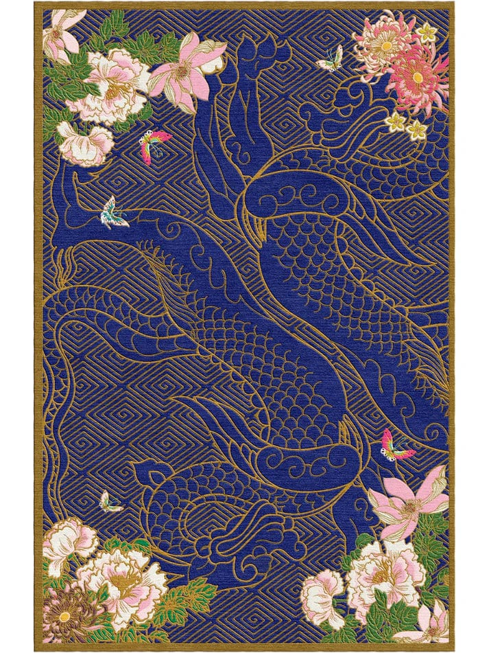 Blue & Gold Hand Tufted Dragon Floral Rug - Premium Home Decor for Living Room, Bedroom, or Office - Pre Order Now