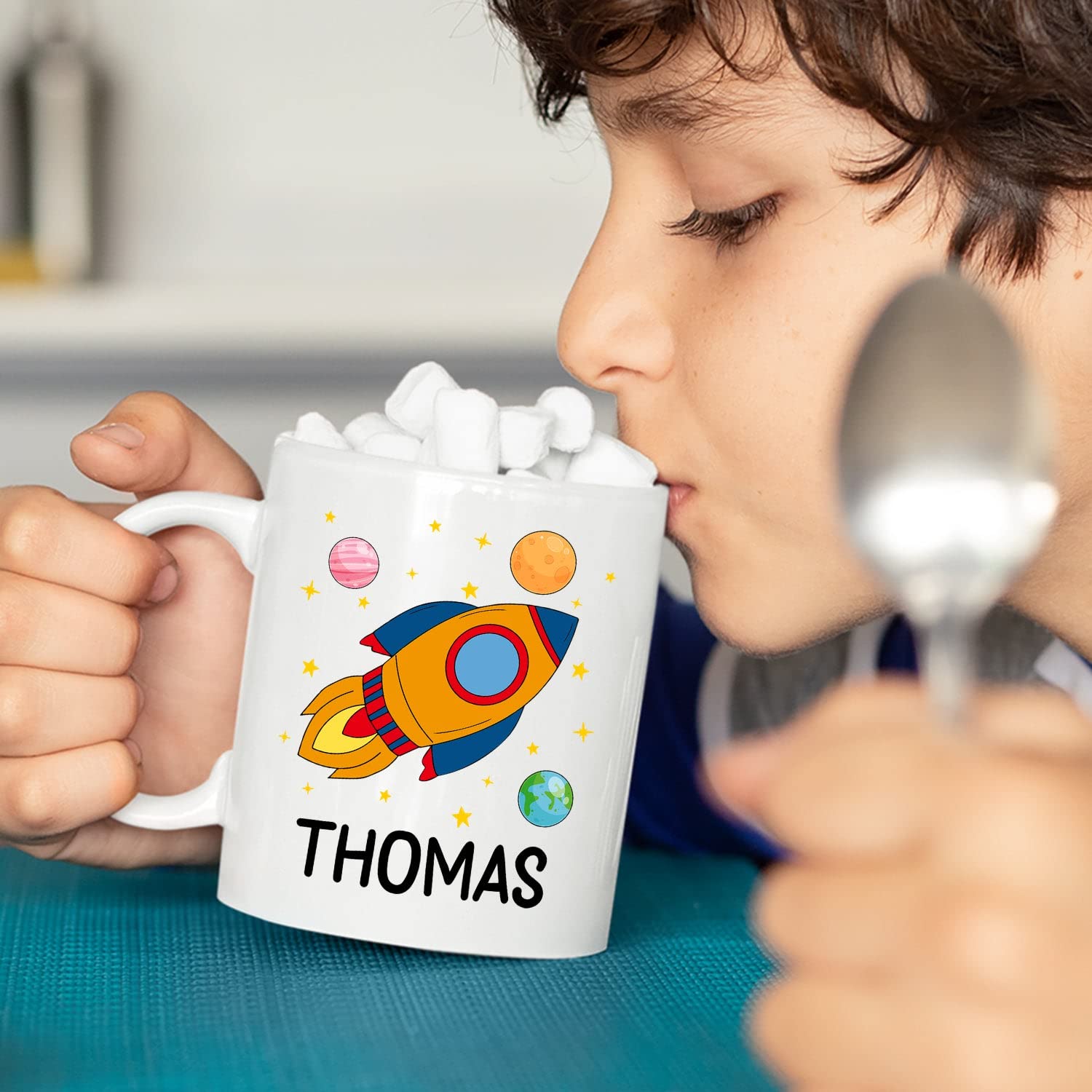 Personalized Kids Coffee Mug with Name - Custom Rocket Ship Design for Hot Chocolate & Drinks - 11oz & 15oz Ceramic White Mugs - Perfect Birthday Gift for Boys & Girls - Great for School, Home & Travel Use