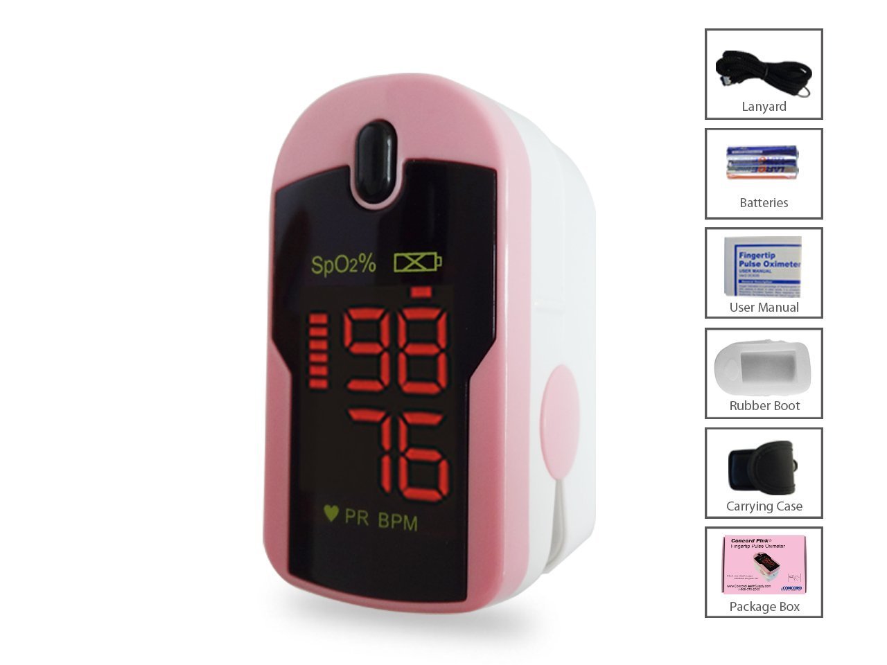 Concord Fingertip Pulse Oximeter - Accurate SpO2 & Heart Rate Monitor with Reversible Display - Includes Carrying Case, Batteries & Lanyard - Perfect for Home Use, Travel, and Fitness Tracking (Pink)