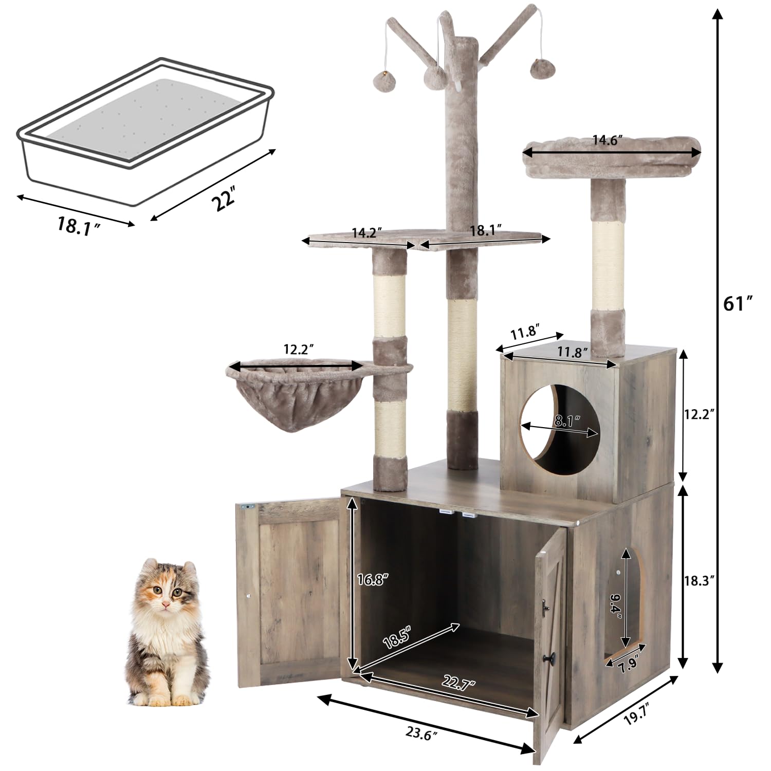 2-in-1 Modern Grey Cat Tree Tower with Hidden Litter Box Enclosure & Scratching Post - Multi-Level Cat Condo Furniture for Small Spaces & Home Decor