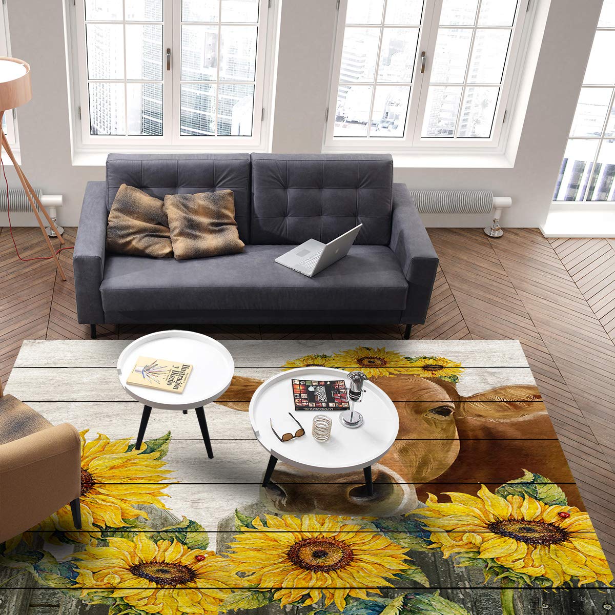**5'x8' Yellow Sunflower Cow Area Runner Rug - Washable Indoor/Outdoor Carpet for Kitchen, Living Room, Bathroom, Bedroom & Classroom - Retro Farmhouse Wooden Doormat, Desk & Welcome Mat - Perfect for Home Decor, Entryway & Laundry Room**