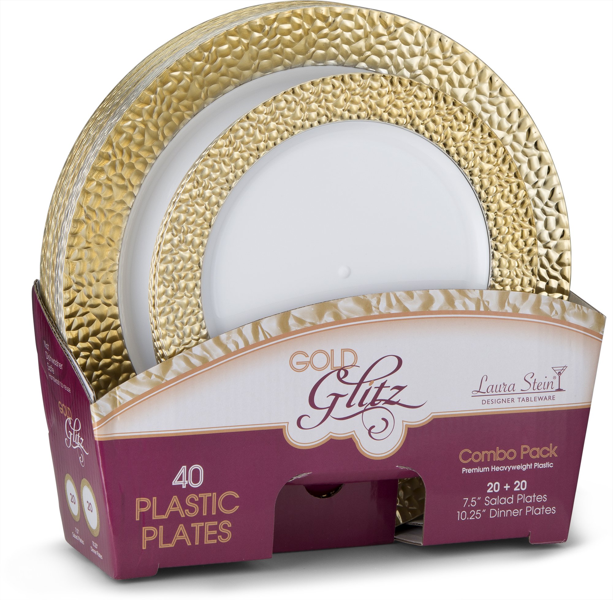 Laura Stein Designer 32-Piece Premium Plastic Dinnerware Set - White & Gold Rim Wedding/Party Plates (16 Dinner Plates 10.75