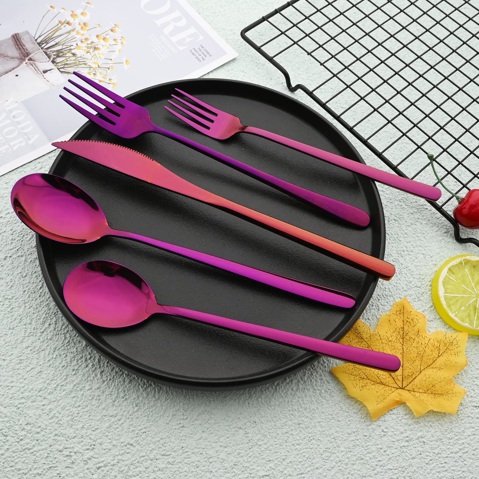 30-Piece Korean Style Silverware Set - Reusable SUS304 Stainless Steel Forks & Spoons, Mirror Finish, Dishwasher Safe - Purple | Elegant Flatware for Home Dining, Picnics, and Party Supplies