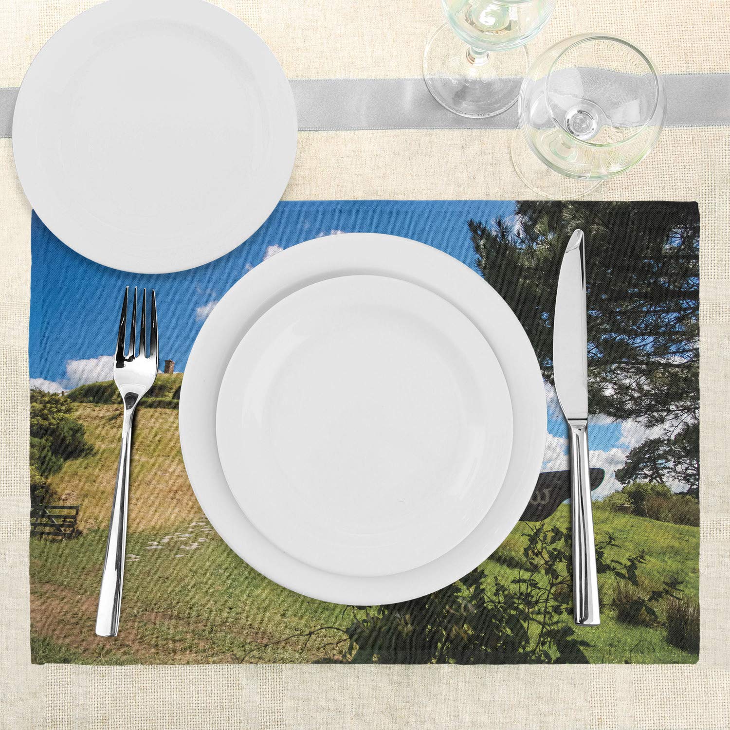 Ambesonne Hobbit Place Mats Set of 4 - Overhill Hobbit Village in Matamata New Zealand Fantasy Scene Print, Washable Fabric Dining Table Mats for Kitchen & Home Decor in Green & Blue - Perfect for Themed Parties, Lord of the Rings Fans, and Fantasy Dinner Settings